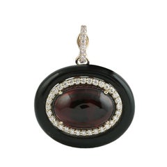 Natural Cabochon Garnet Black Onyx Pendant in 14KT Gold with Diamond Halo