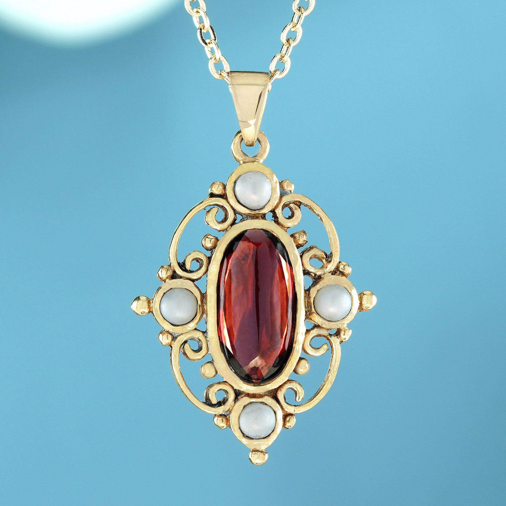 Encased within a vintage Victorian-style yellow gold frame, this distinctive pendant showcases a captivating design.  The delicate curved yellow gold openwork pendant features a large, red oval-shaped cabochon garnet in the center, surrounded by a