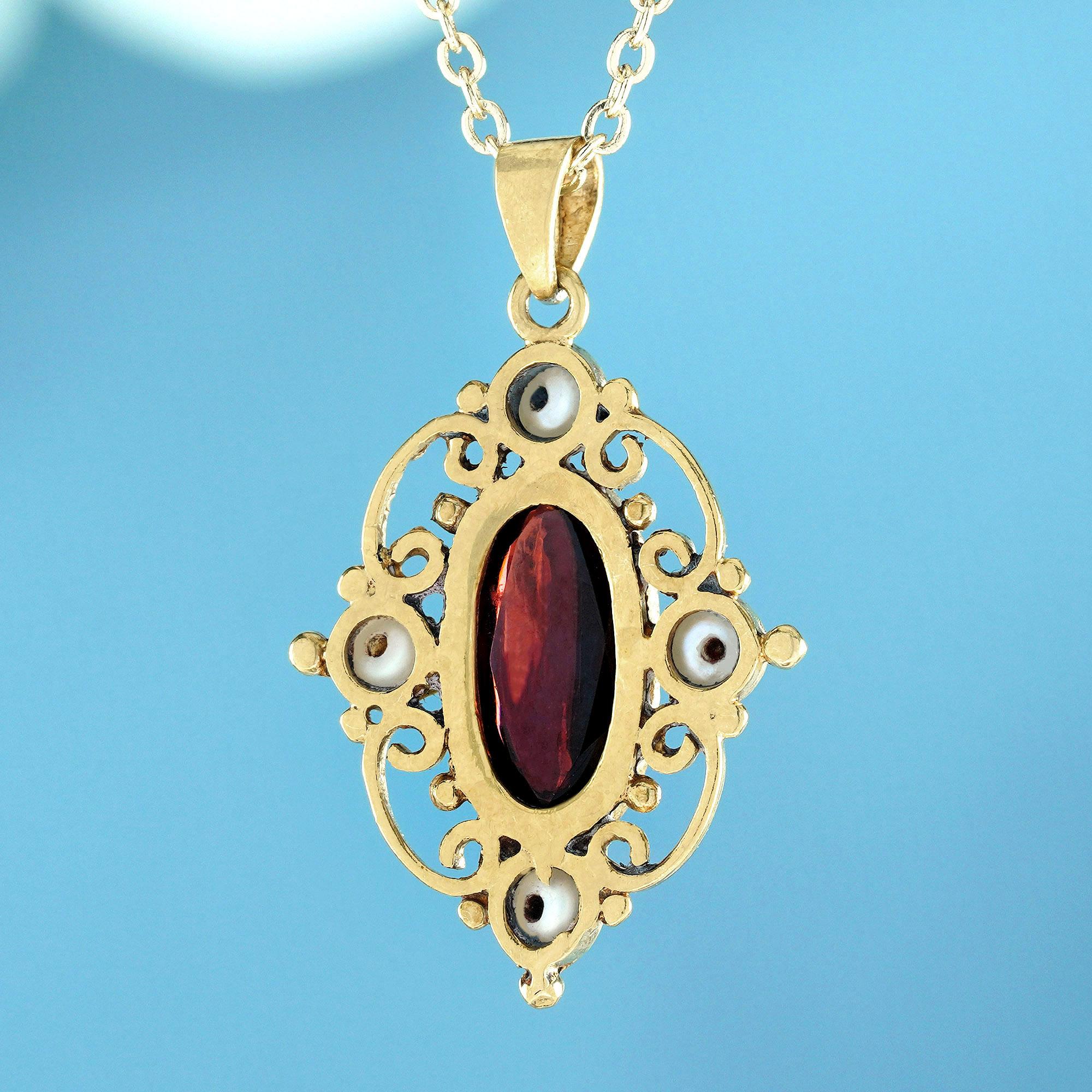 Women's Natural Cabochon Garnet Pearl Vintage Victorian Style Oval Pendant in 9K Gold For Sale