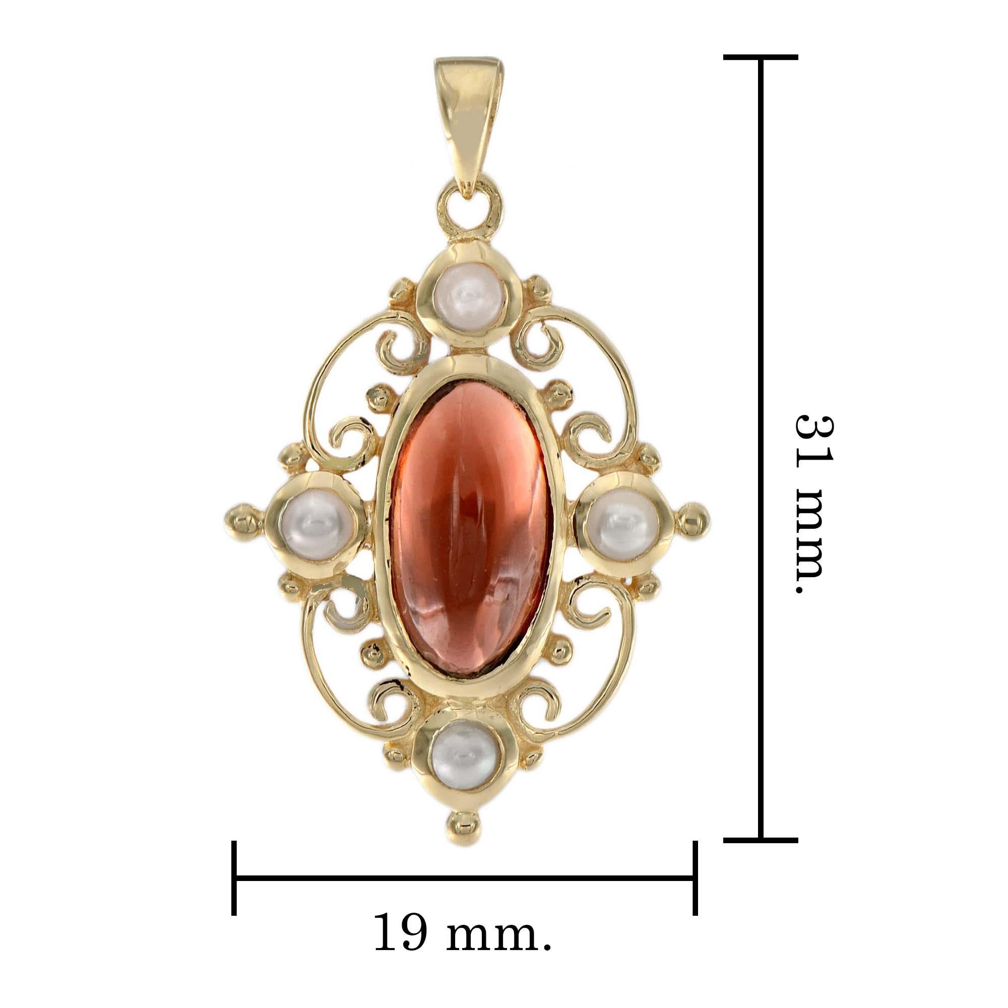 Natural Cabochon Garnet Pearl Vintage Victorian Style Oval Pendant in 9K Gold For Sale 1