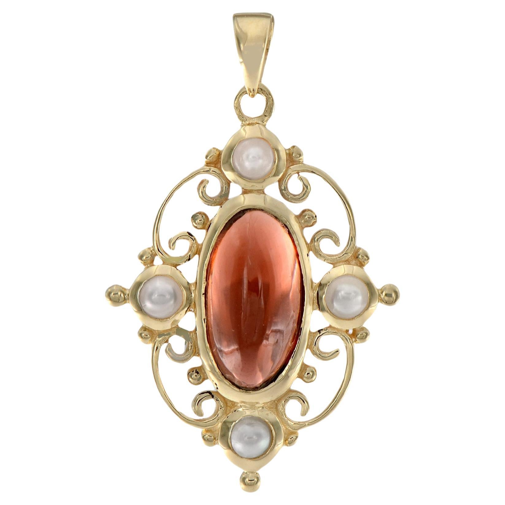 Natural Cabochon Garnet Pearl Vintage Victorian Style Oval Pendant in 9K Gold For Sale