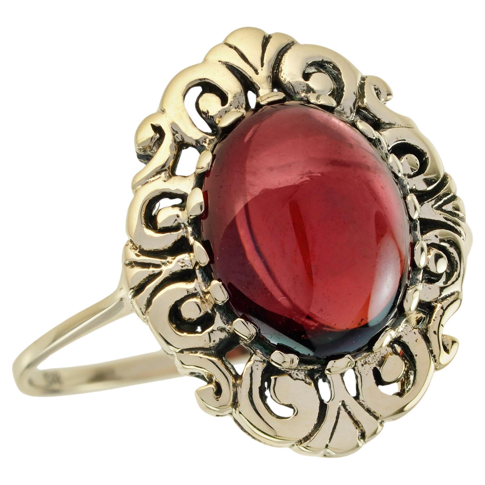 Natürlicher Cabochon-Granat-Cocktailring im Vintage-Stil aus massivem 9K Gelbgold