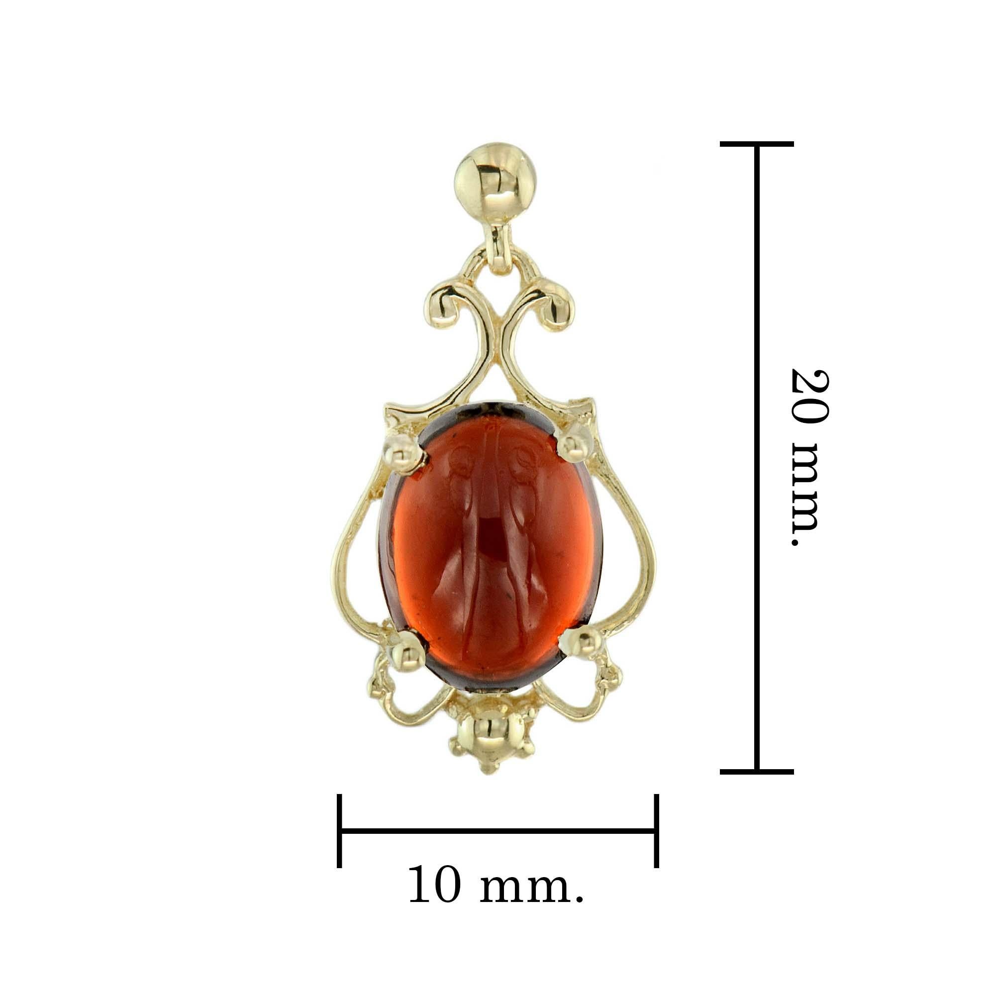 Women's Natural Cabochon Garnet Vintage Style Floral Drop Earrings in Solid 9K Gold For Sale