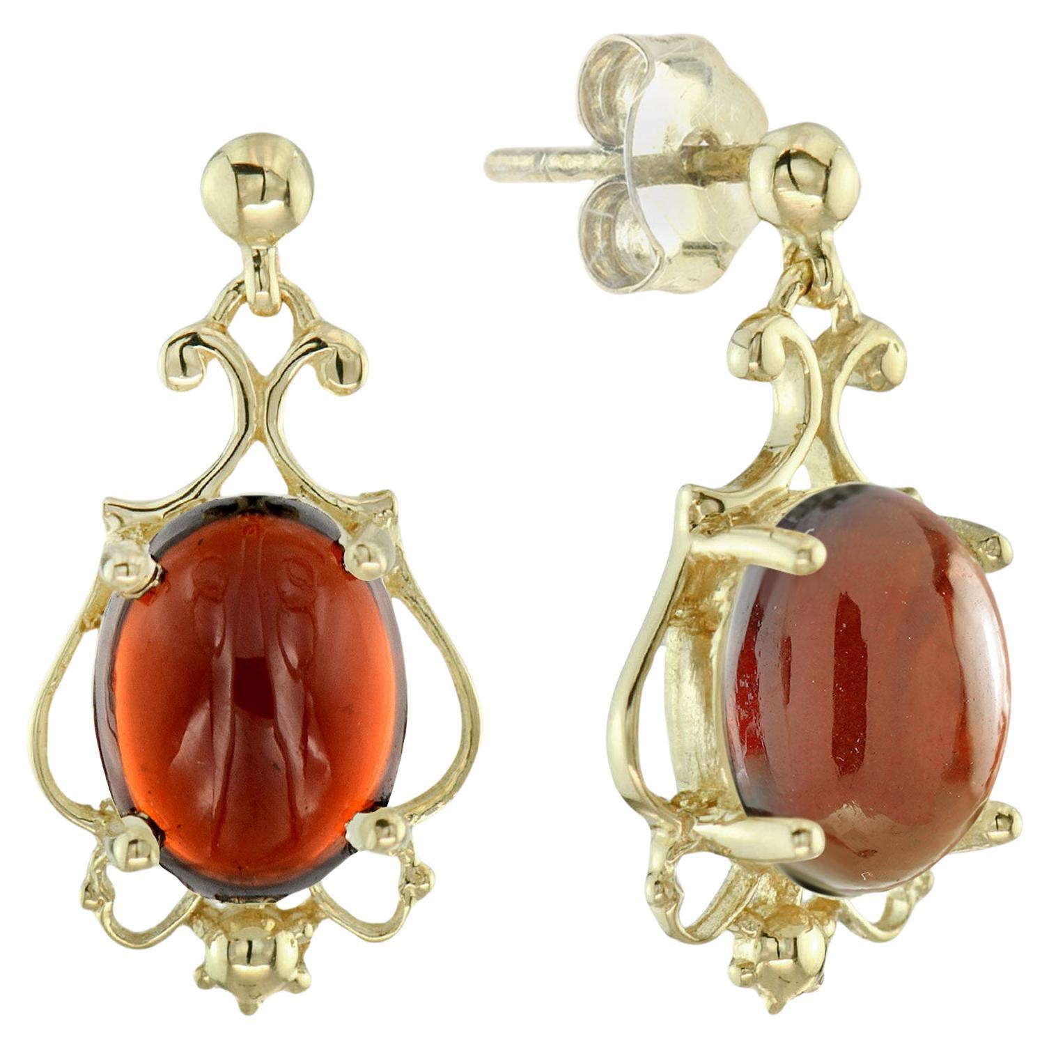 Natural Cabochon Garnet Vintage Style Floral Drop Earrings in Solid 9K Gold For Sale