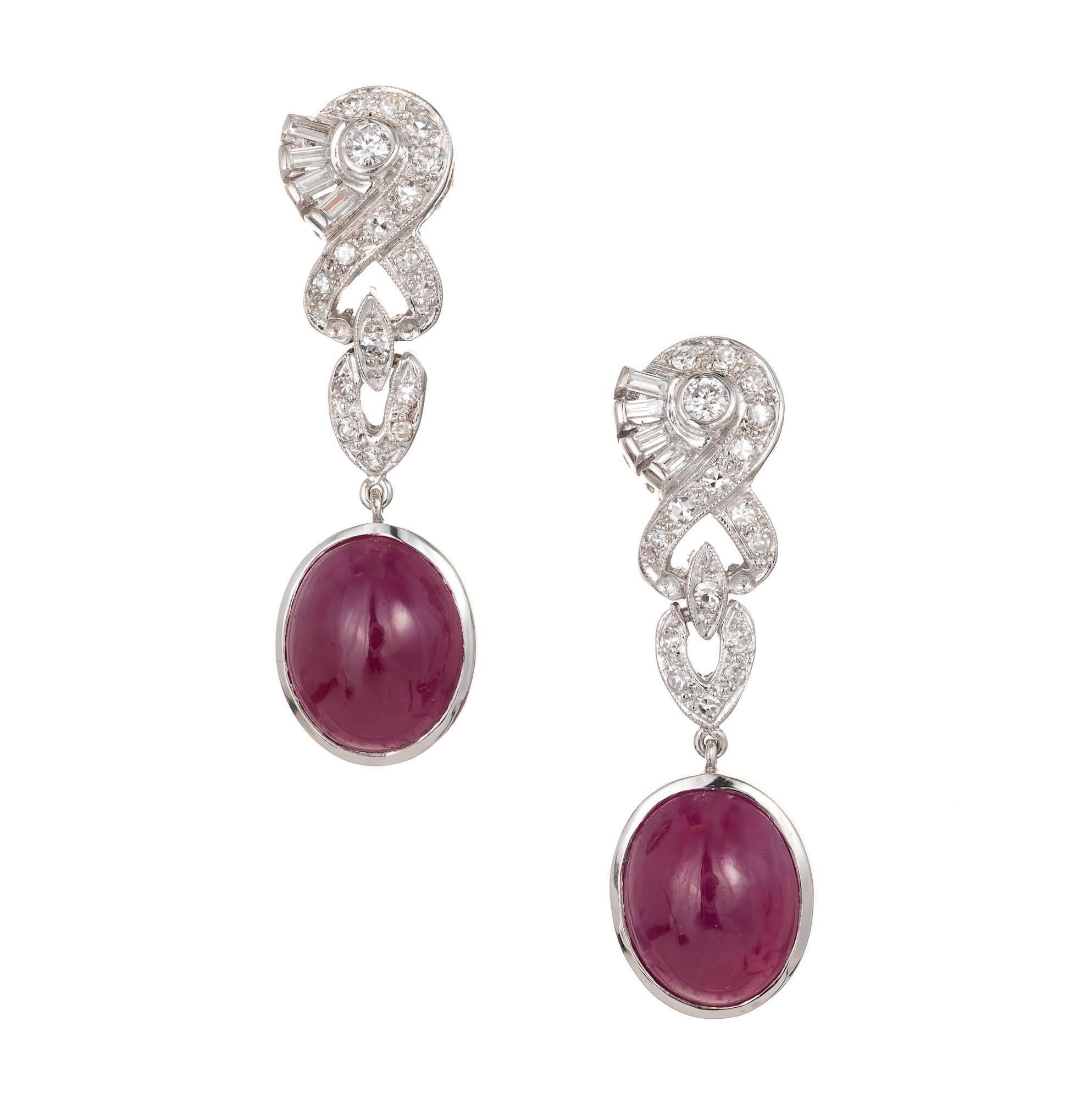 GIA Certified 14.32 Carat Oval Red Ruby Diamond Platinum Dangle Earrings For Sale