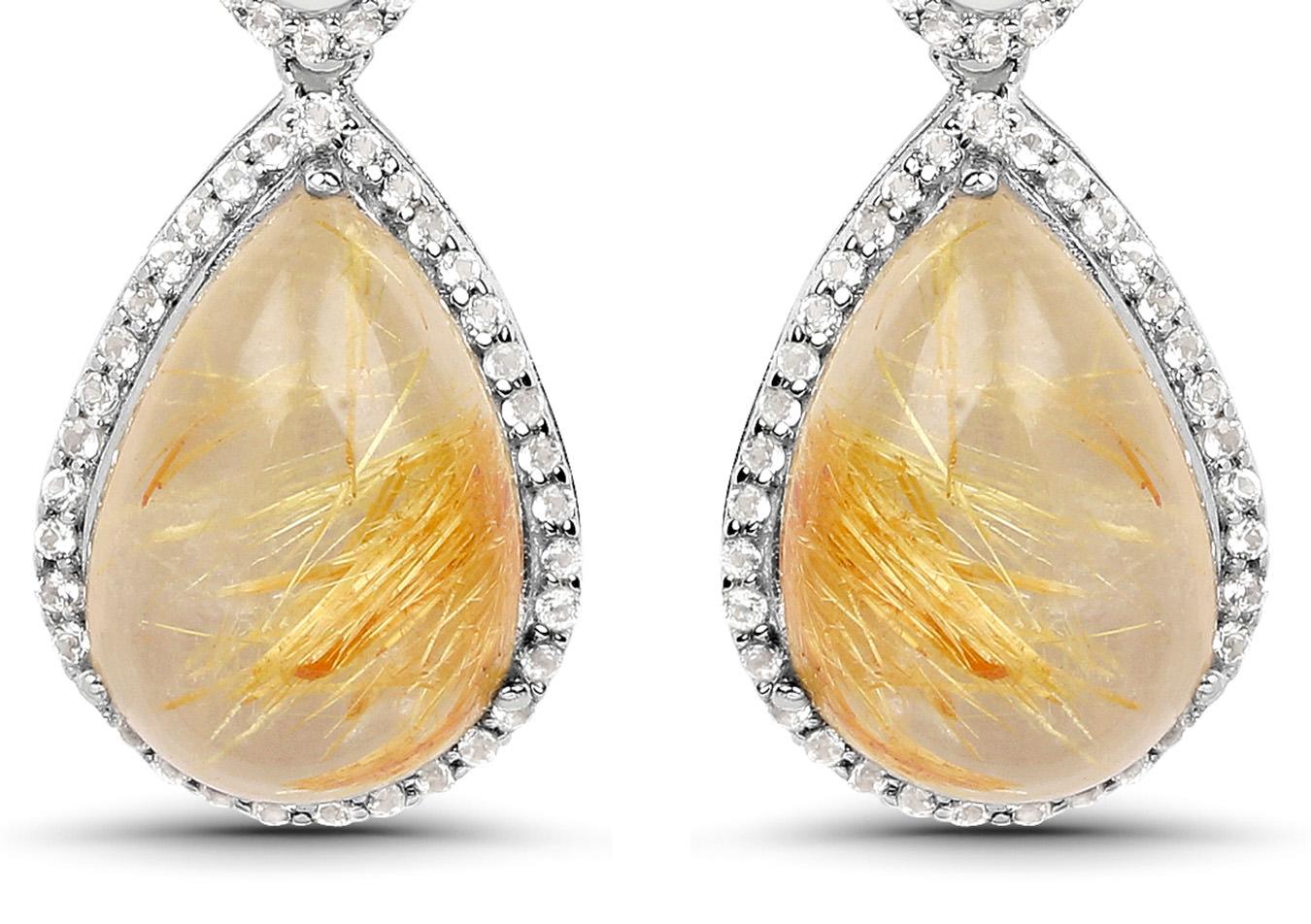 Contemporaneo Orecchini pendenti di quarzo rutilo naturale cabochon dorato con topazio in vendita