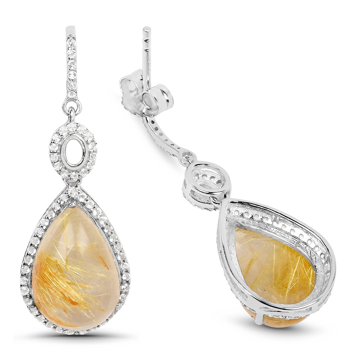 Natural Cabochon Golden Rutile Quartz Dangle Earrings Set with Topaz In Excellent Condition For Sale In Laguna Niguel, CA