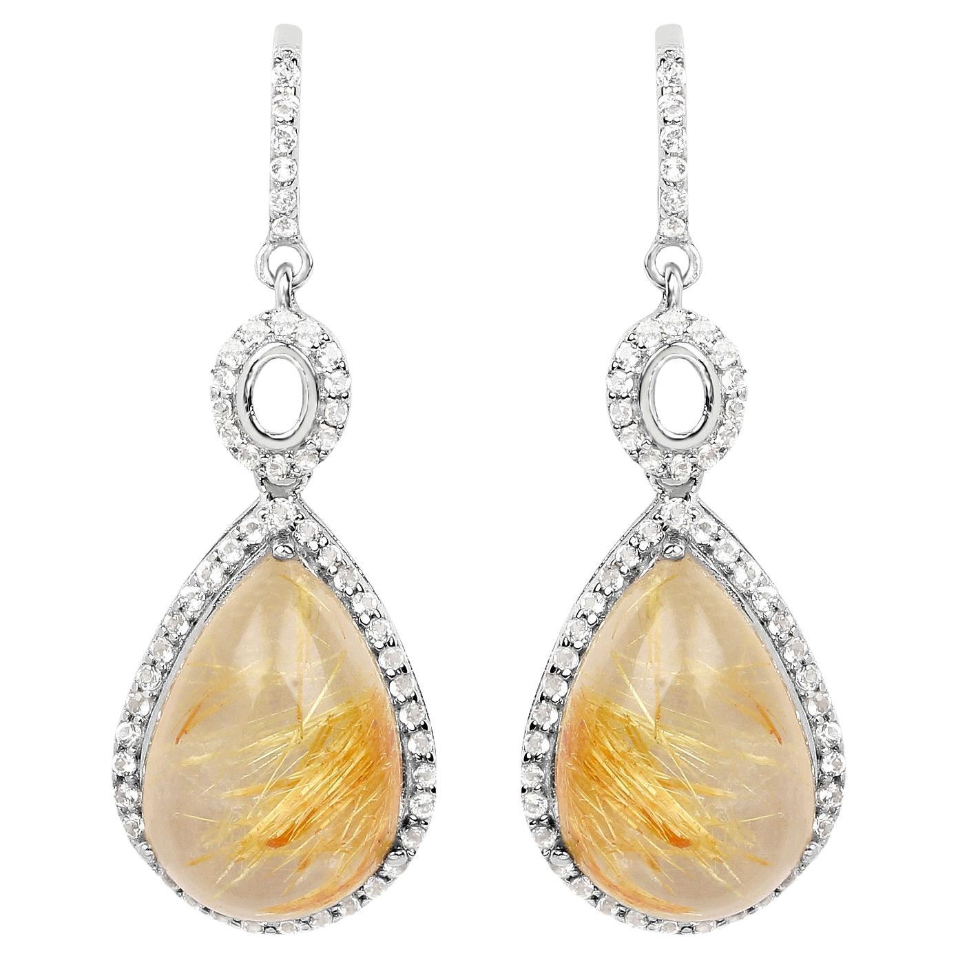 Orecchini pendenti di quarzo rutilo naturale cabochon dorato con topazio