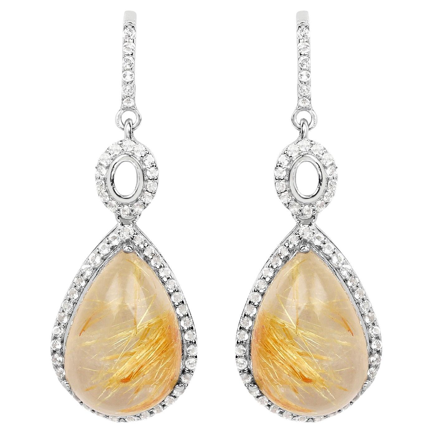 Orecchini pendenti di quarzo rutilo naturale cabochon dorato con topazio