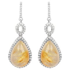 Natural Cabochon Golden Rutile Quartz Dangle Earrings Set with Topaz