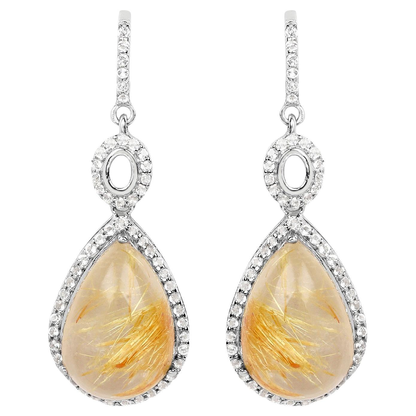 Orecchini pendenti di quarzo rutilo naturale cabochon dorato con topazio