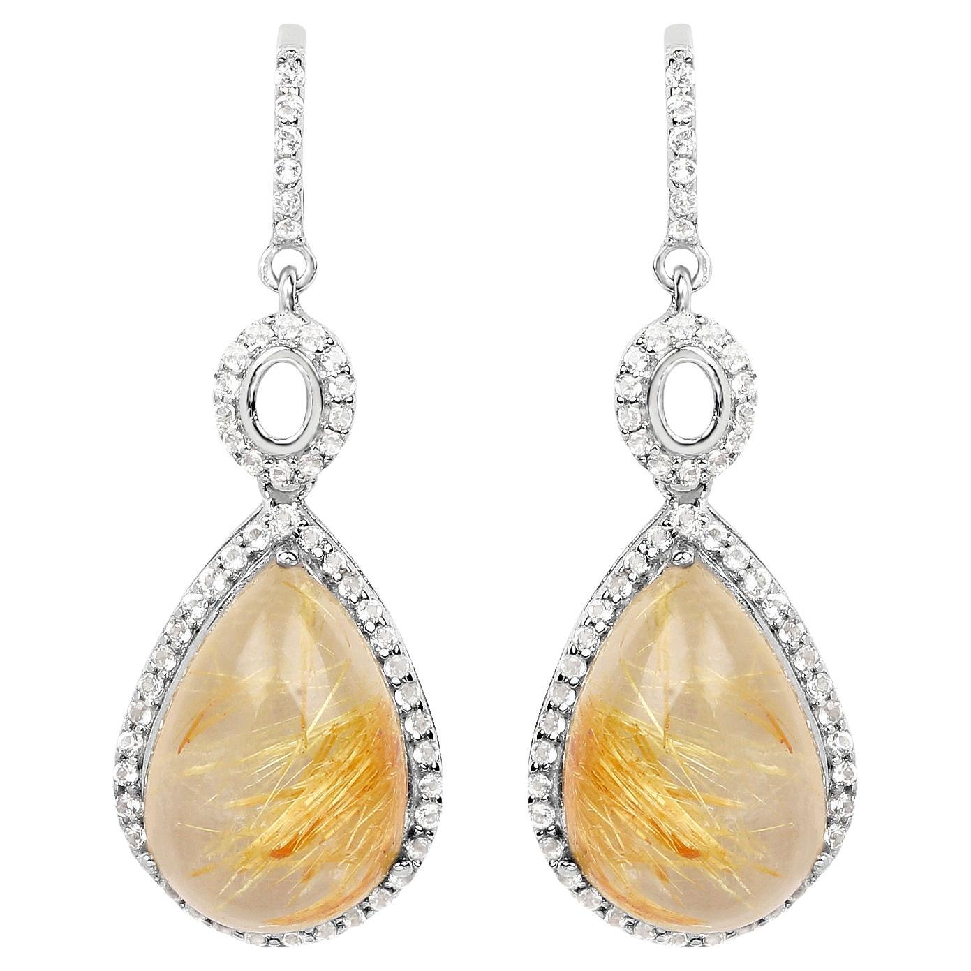 Pendants d'oreilles en quartz rutile doré cabochon naturel serti de topaze