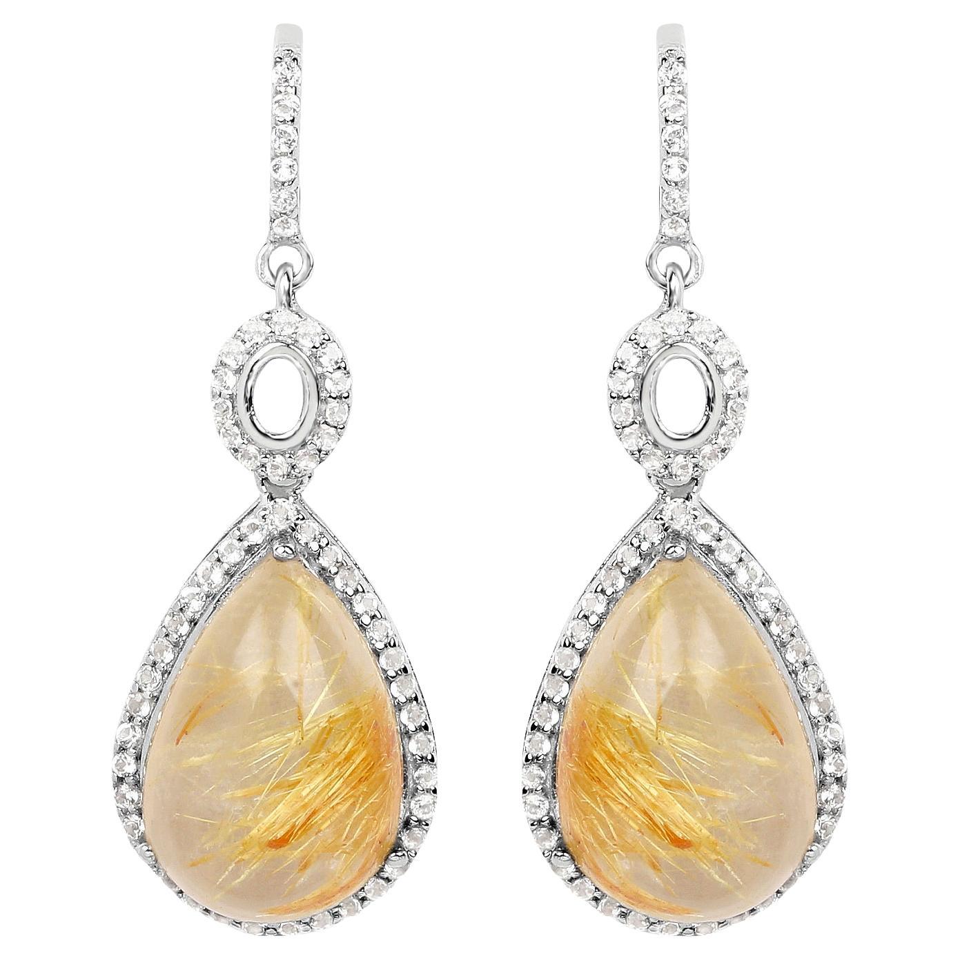 Natural Cabochon Golden Rutile Quartz Dangle Earrings Set with Topaz