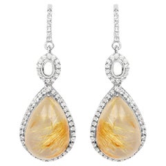 Natural Cabochon Golden Rutile Quartz Dangle Earrings Set with Topaz