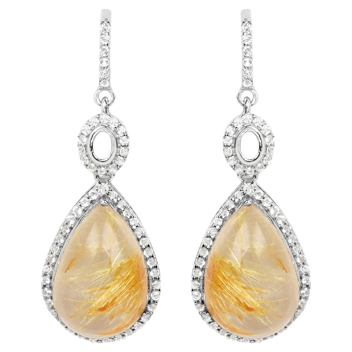 Natural Cabochon Golden Rutile Quartz Dangle Earrings Set with Topaz