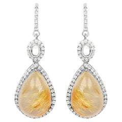 Natural Cabochon Golden Rutile Quartz Dangle Earrings Set with Topaz