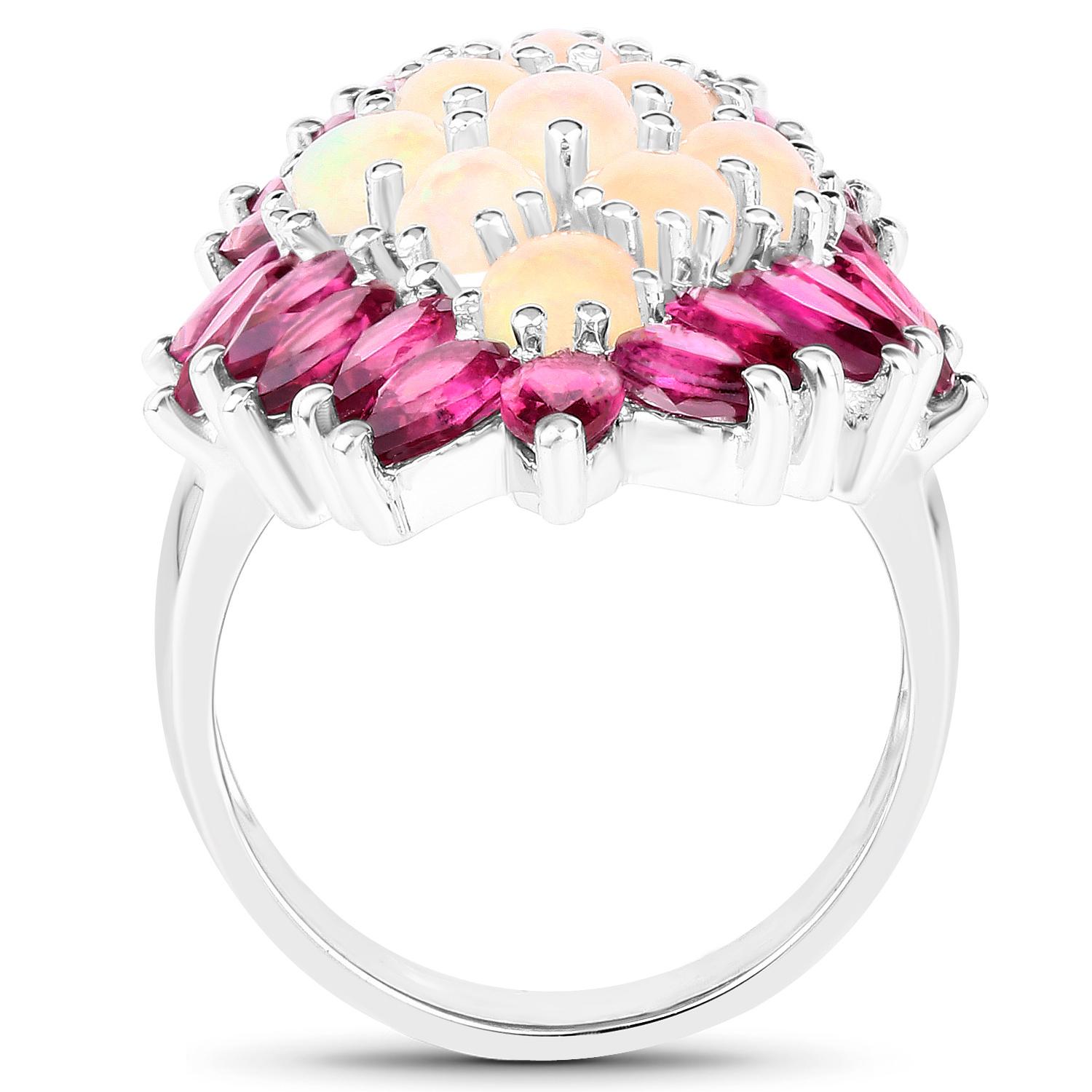 Contemporary Natural Opals and Rhodolite Garnets Cocktail Ring 8.40 Carats For Sale