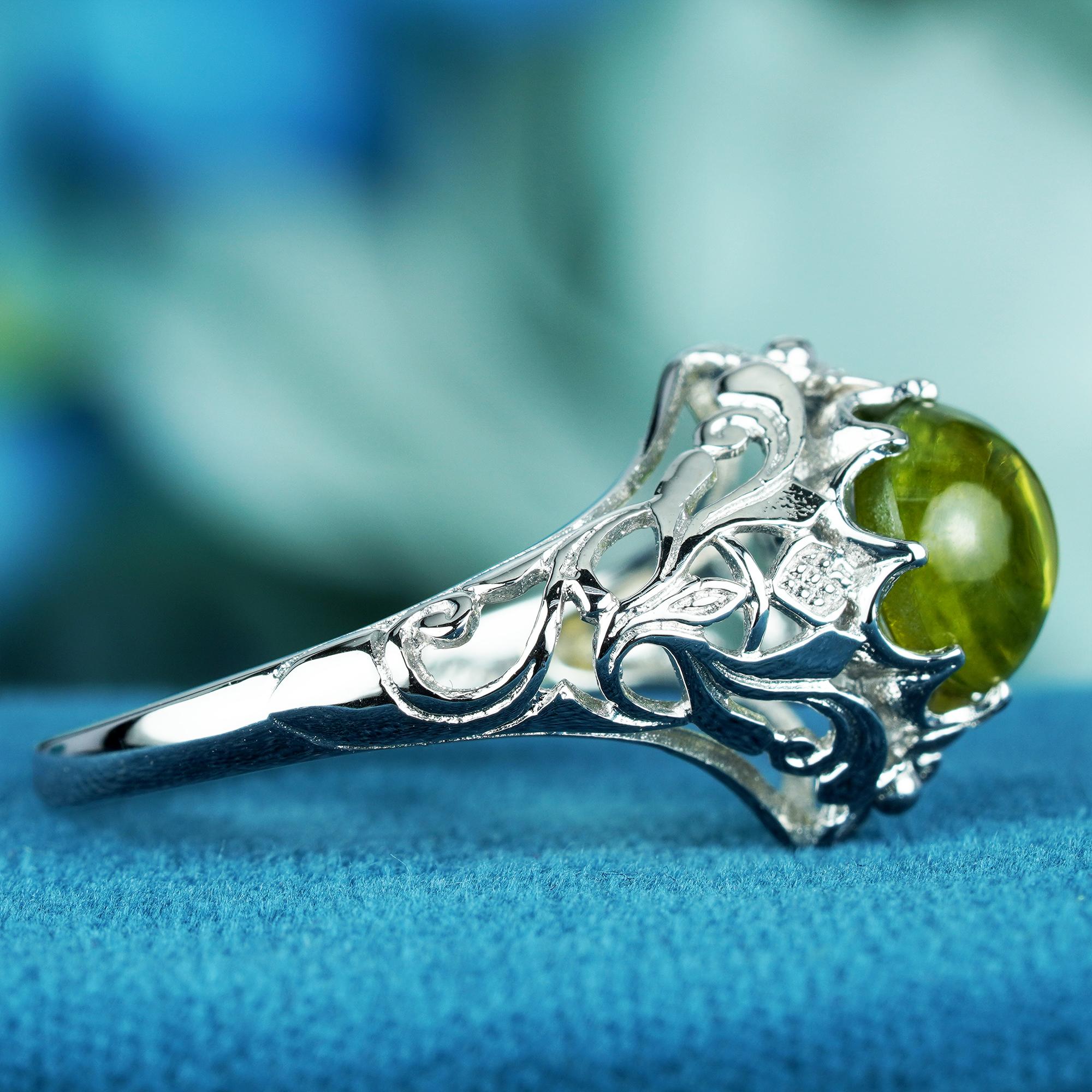 For Sale:  Natural Cabochon Peridot Vintage Style Filigree Ring in Solid 9K White Gold 4