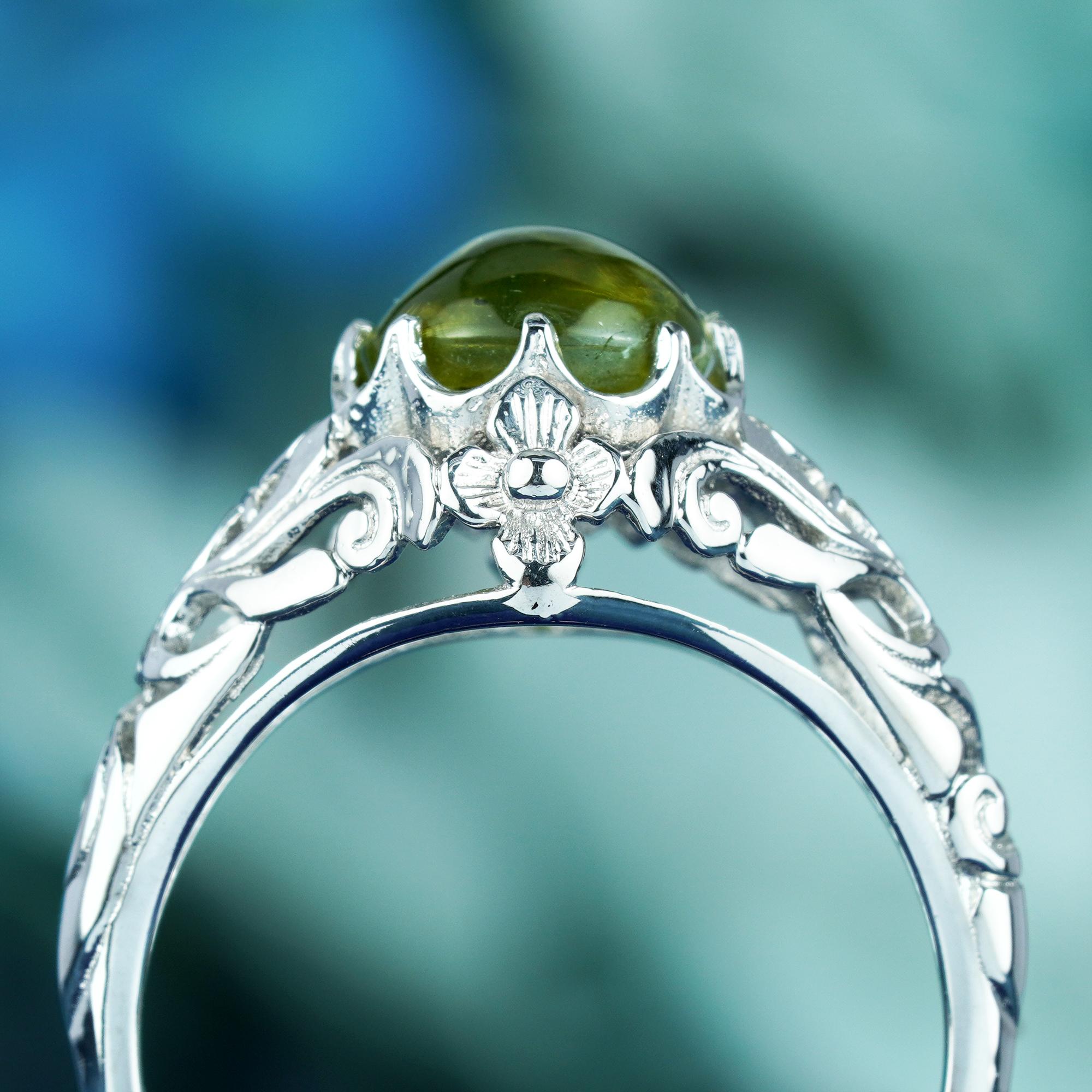For Sale:  Natural Cabochon Peridot Vintage Style Filigree Ring in Solid 9K White Gold 5