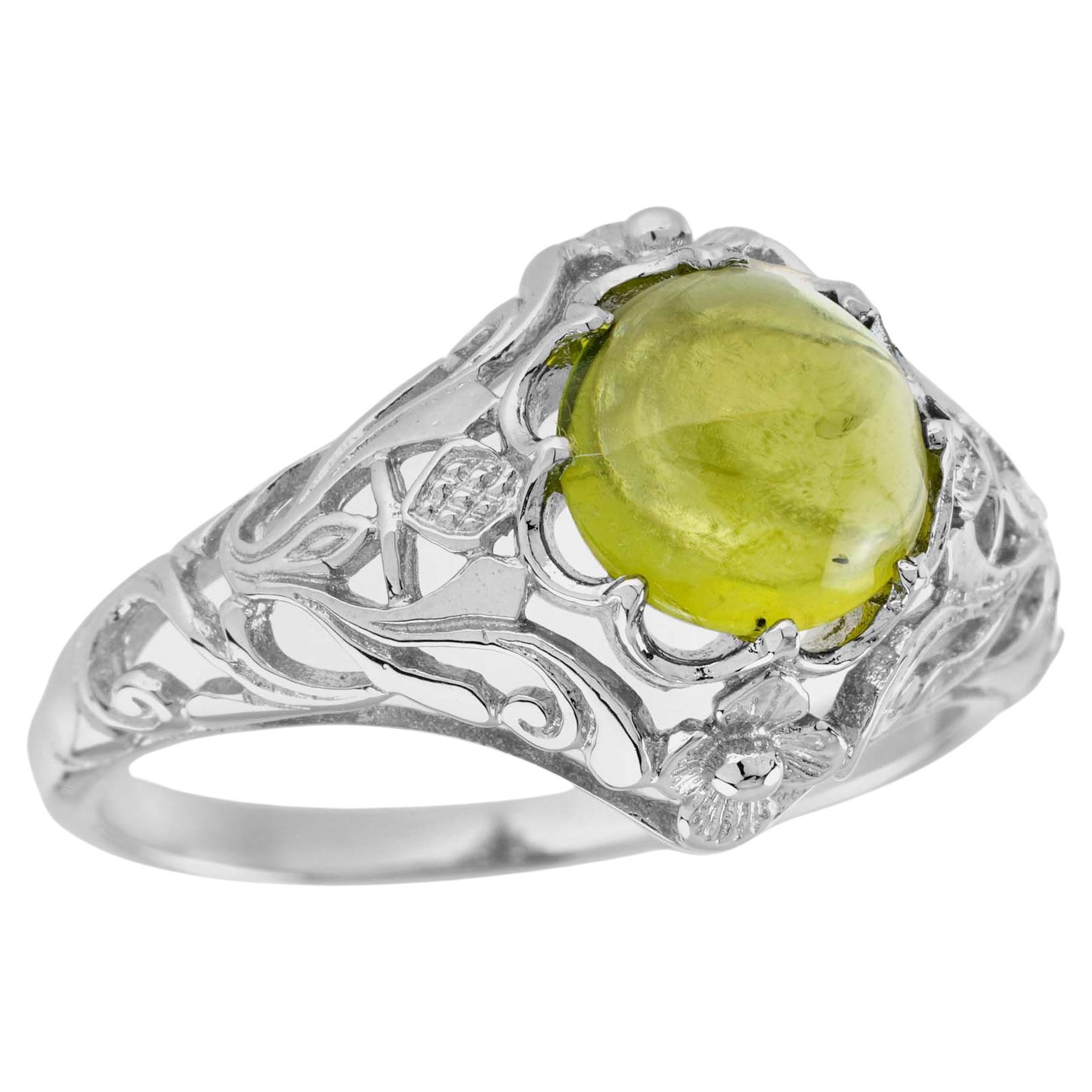 For Sale:  Natural Cabochon Peridot Vintage Style Filigree Ring in Solid 9K White Gold