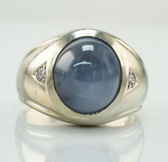 Natural Cabochon Sapphire Diamond Ring 14k White Gold