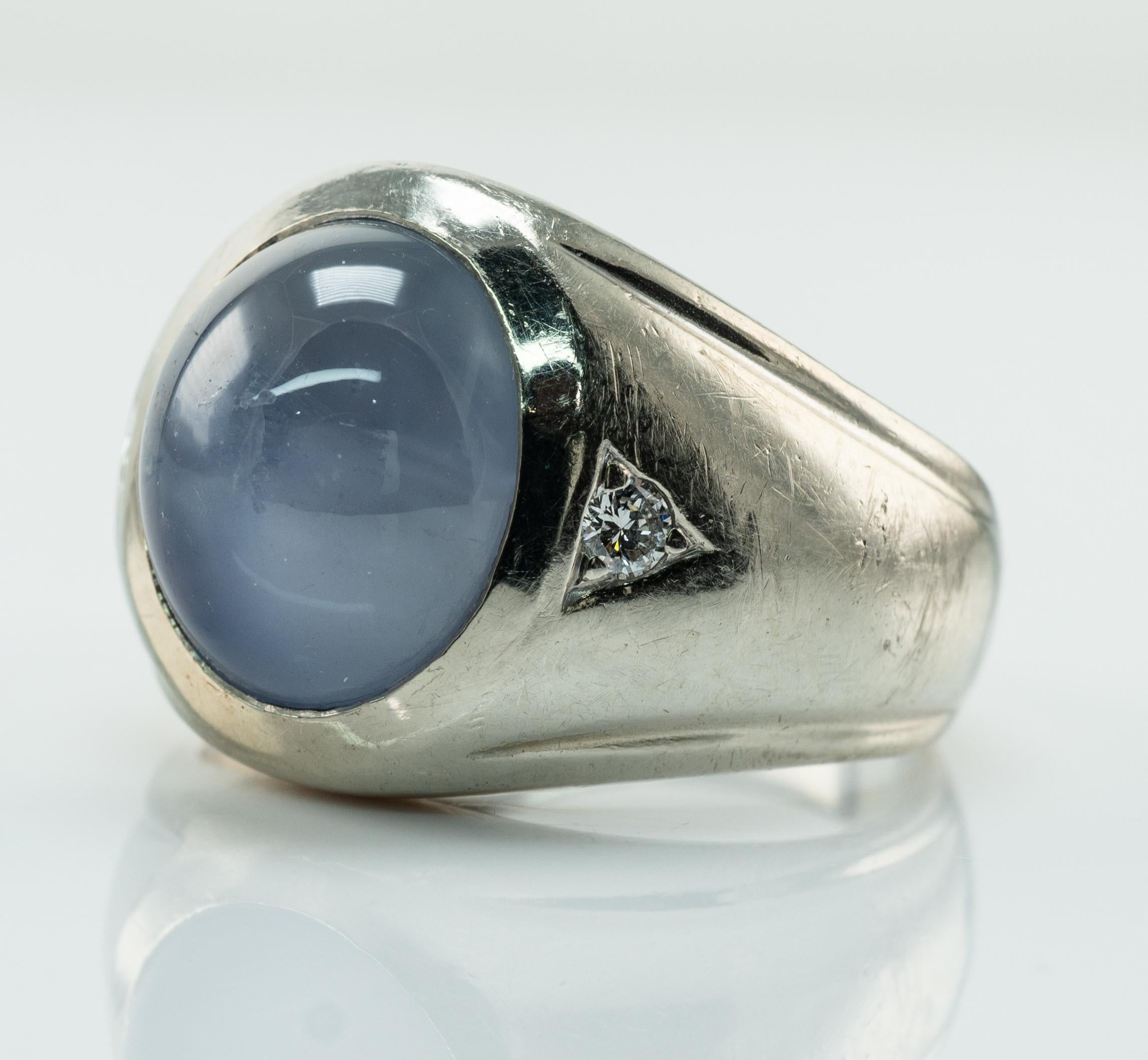 Natürlicher Cabochon Saphir Diamant Ring 14k Weißgold im Angebot 1