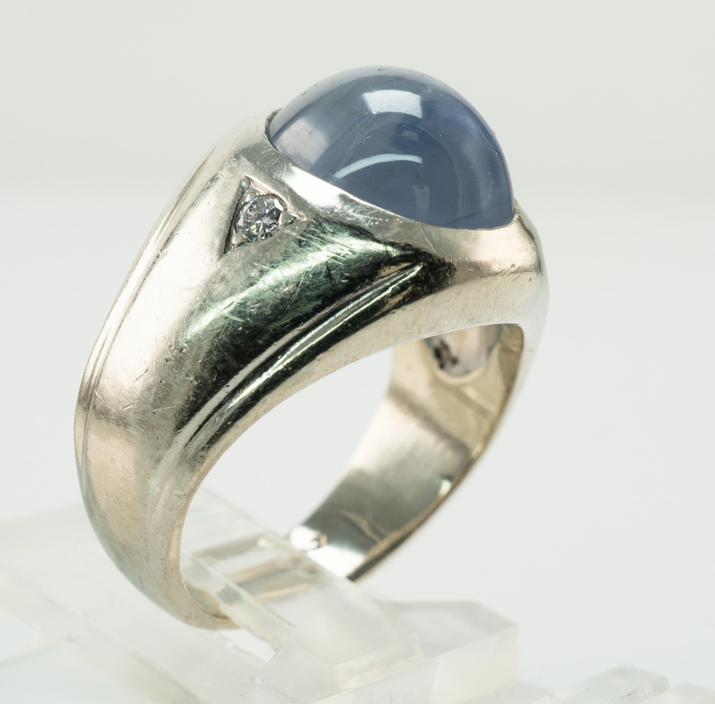 Natürlicher Cabochon Saphir Diamant Ring 14k Weißgold im Angebot 3