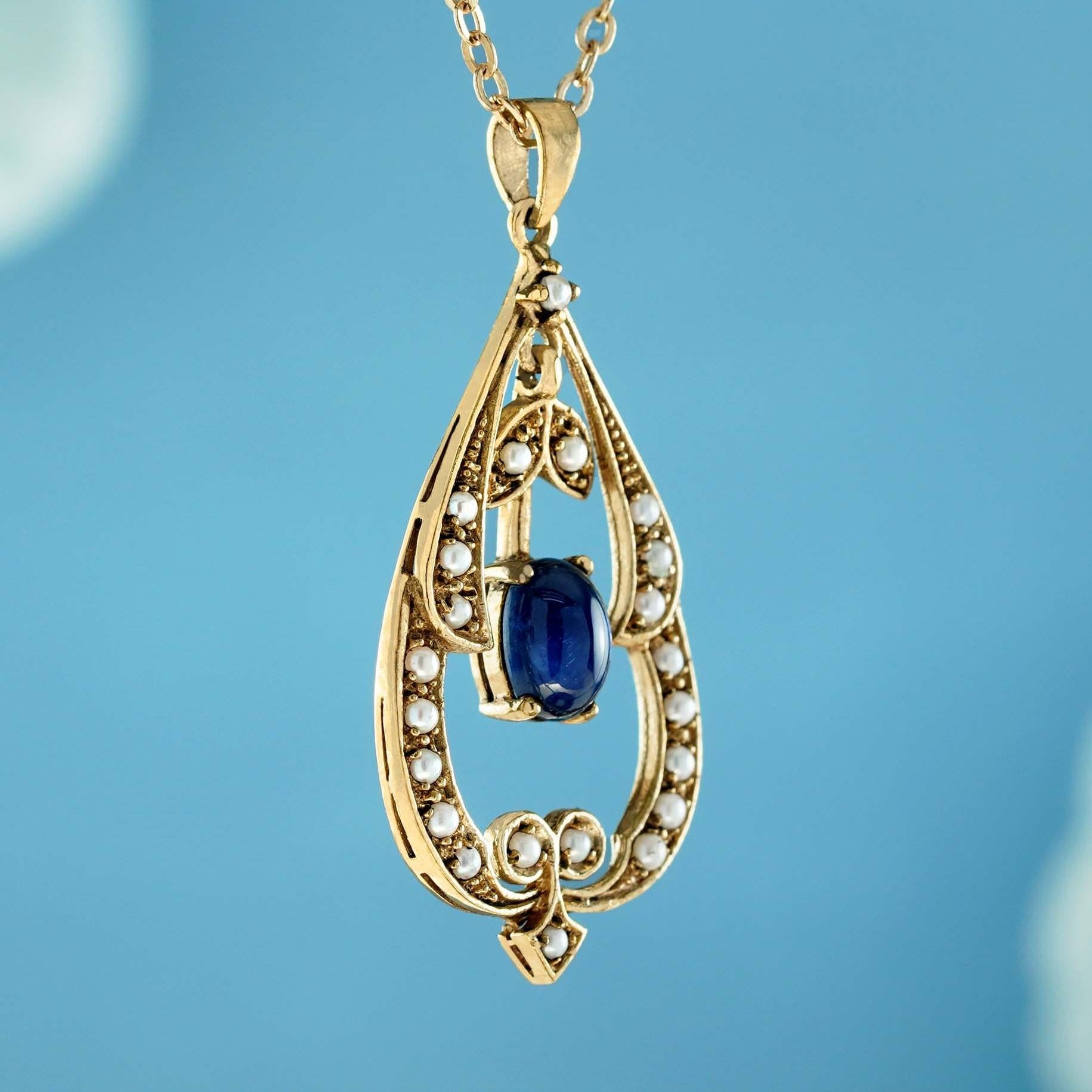 Edwardian Natural Cabochon Sapphire Pearl Vintage Style Pendant in solid 9K Yellow Gold For Sale