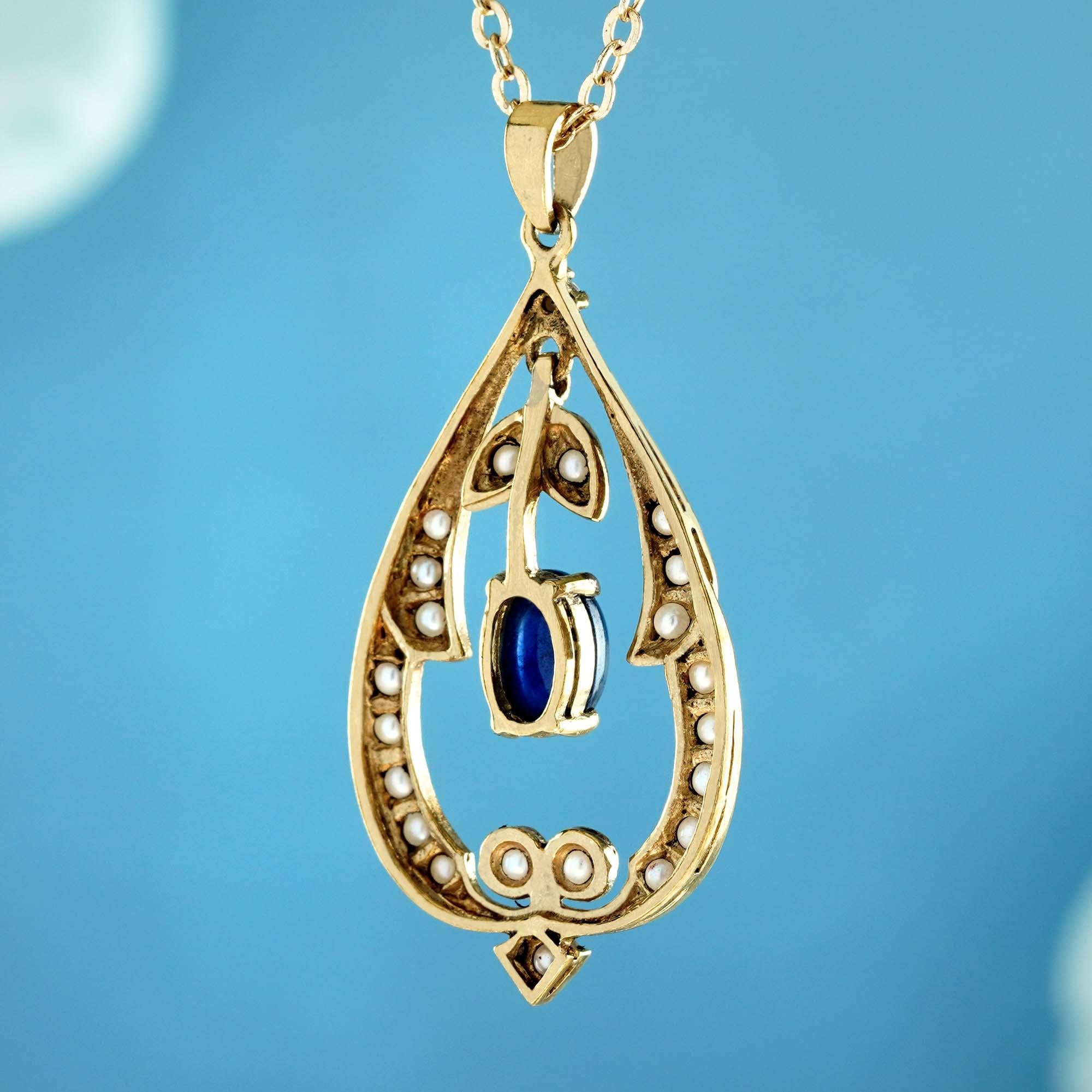 Natural Cabochon Sapphire Pearl Vintage Style Pendant in solid 9K Yellow Gold In New Condition For Sale In Bangkok, TH