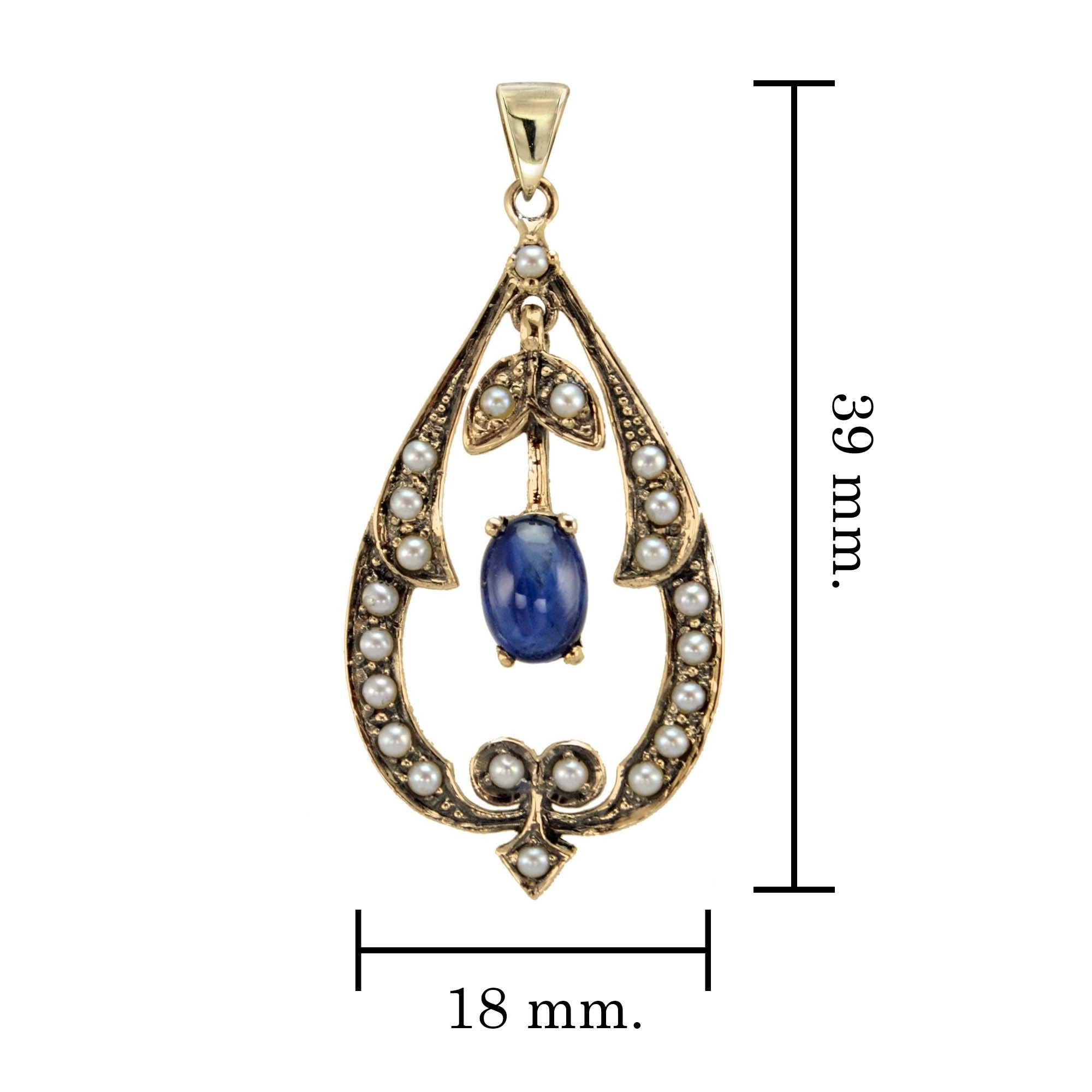 Women's Natural Cabochon Sapphire Pearl Vintage Style Pendant in solid 9K Yellow Gold For Sale
