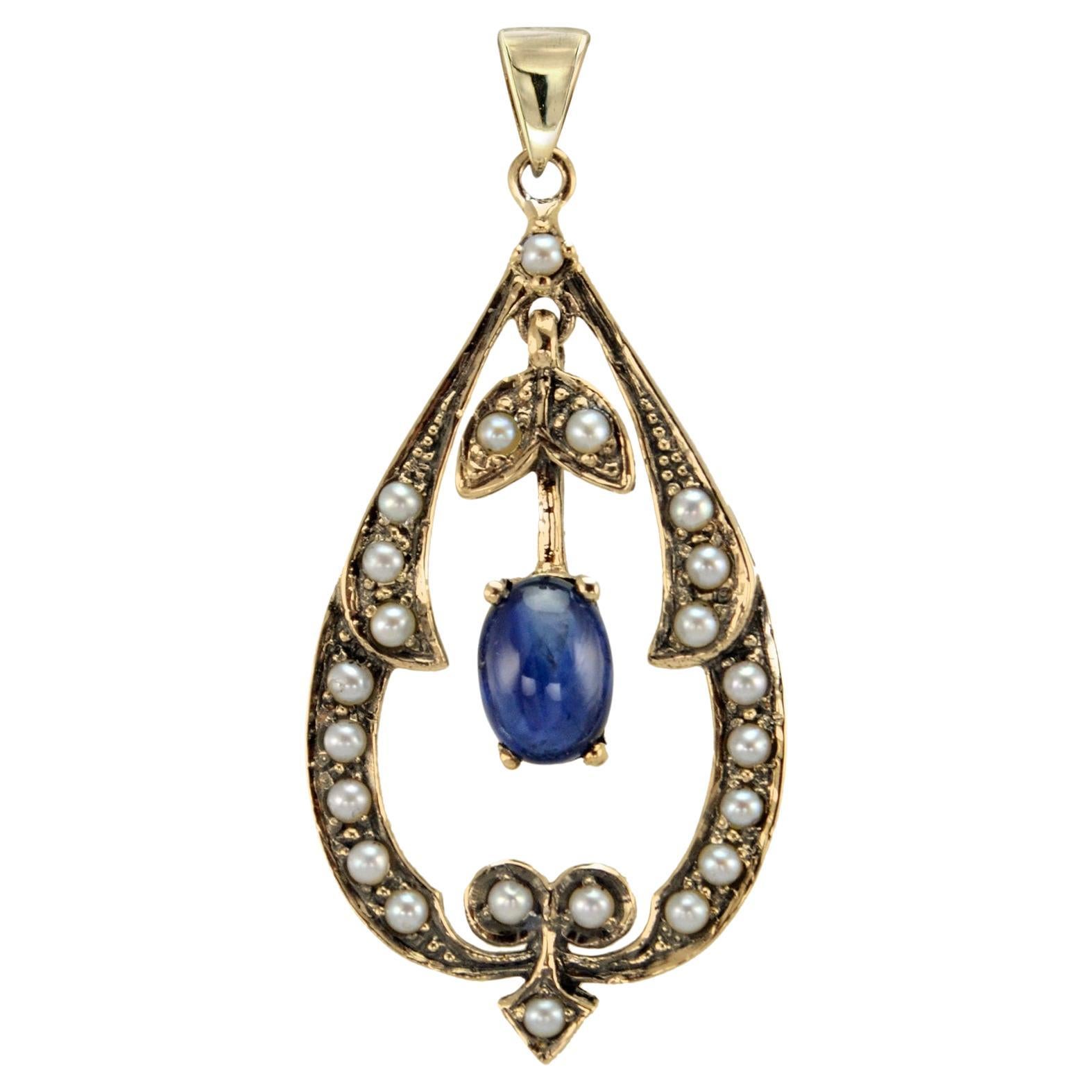 Natural Cabochon Sapphire Pearl Vintage Style Pendant in solid 9K Yellow Gold For Sale