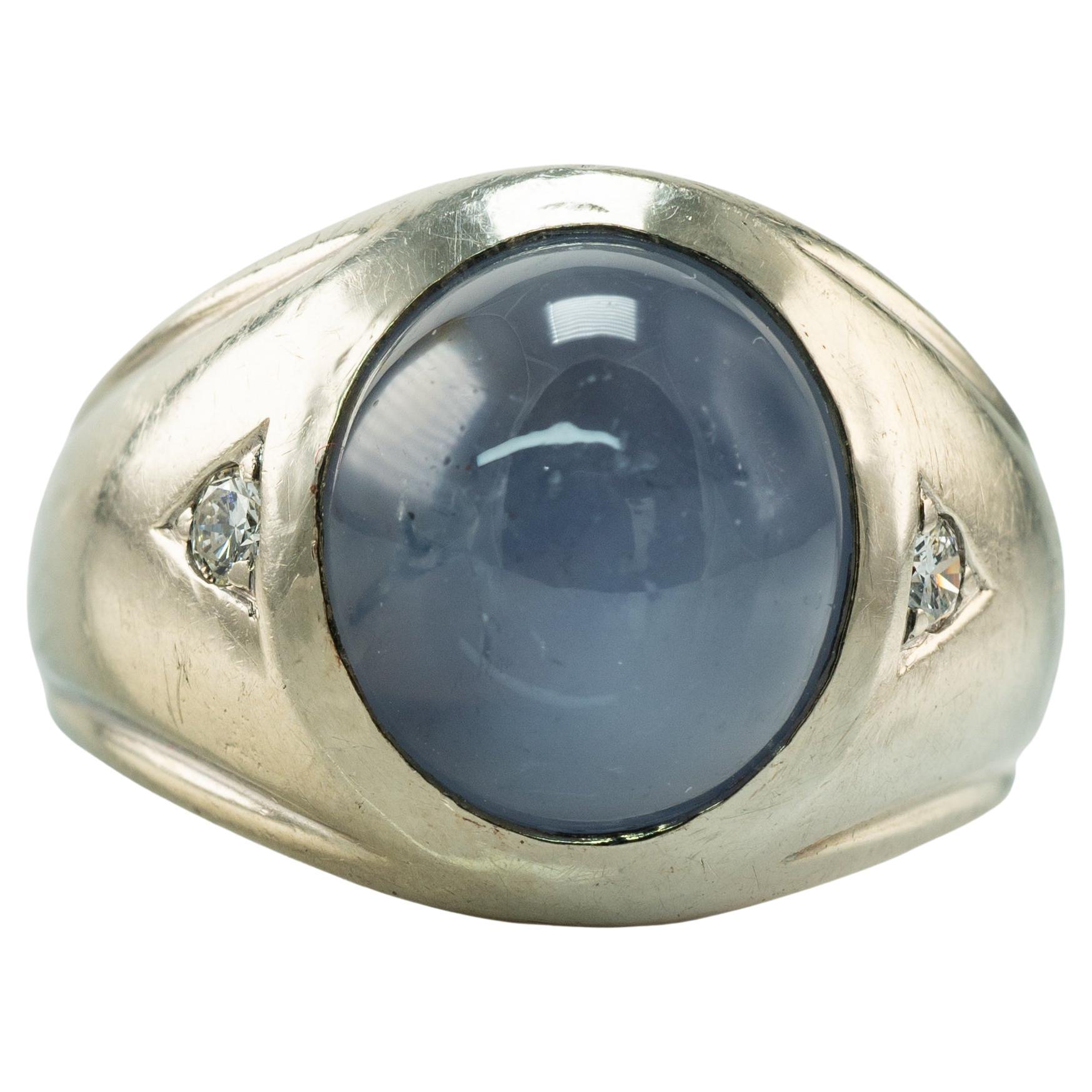 Natural Cabochon Star Sapphire Diamond Ring 14k White Gold For Sale