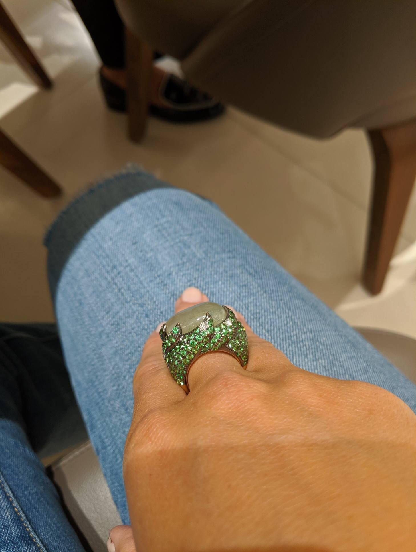 Natural Cabochon Tsavorite Cocktail Ring in 18 Karat Yellow Gold with Diamonds In New Condition For Sale In New York, NY