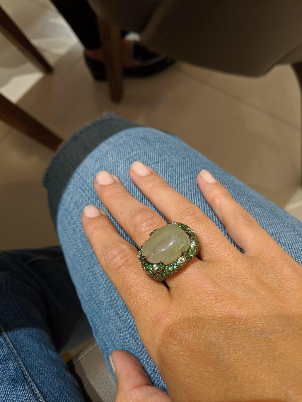 Natural Cabochon Tsavorite Cocktail Ring in 18 Karat Yellow Gold with Diamonds For Sale 1