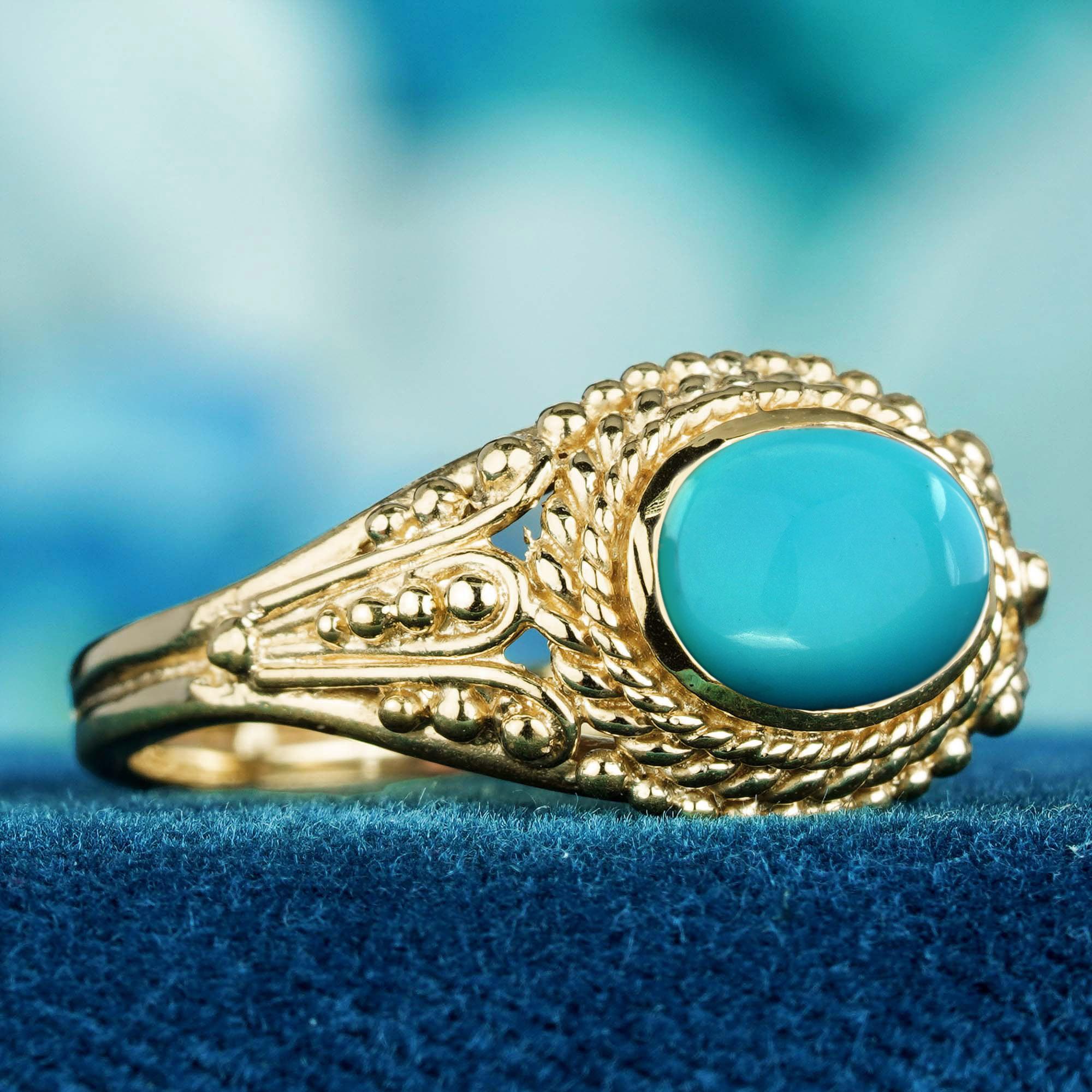 Édouardien Bague de style vintage en or jaune 9 carats massif avec turquoise cabochon en vente
