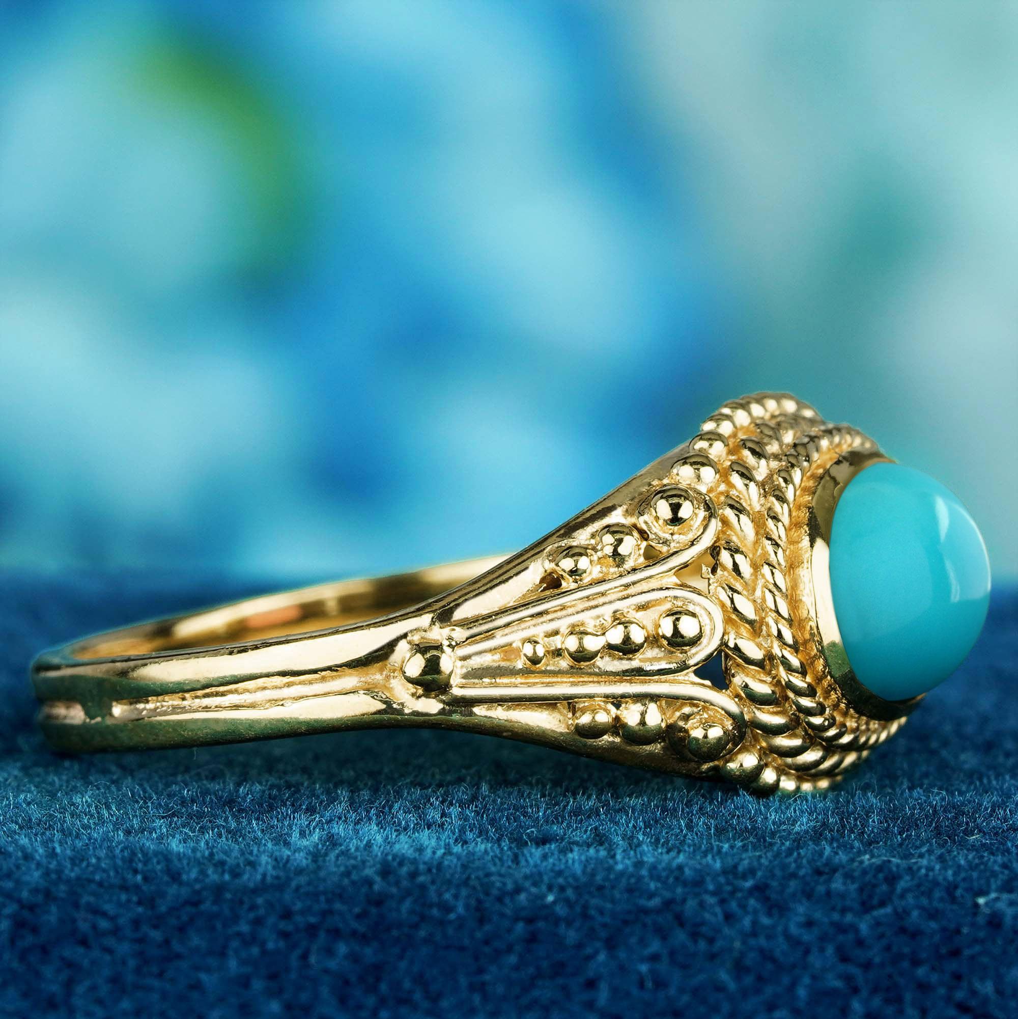Taille ovale Bague de style vintage en or jaune 9 carats massif avec turquoise cabochon en vente