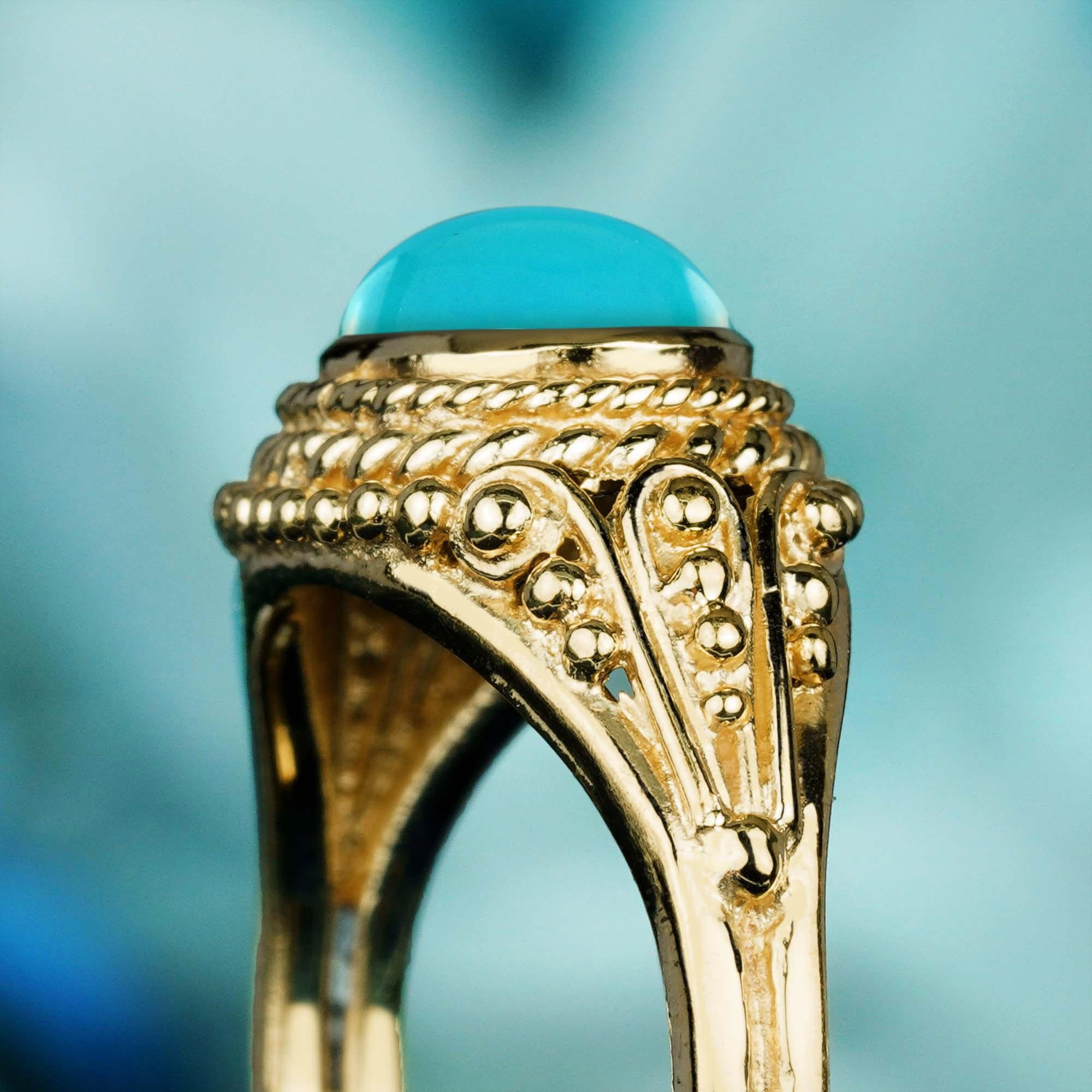 Bague de style vintage en or jaune 9 carats massif avec turquoise cabochon Pour femmes en vente