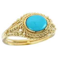 Natural Cabochon Turquoise Vintage Style Ring in Solid 9K Yellow Gold