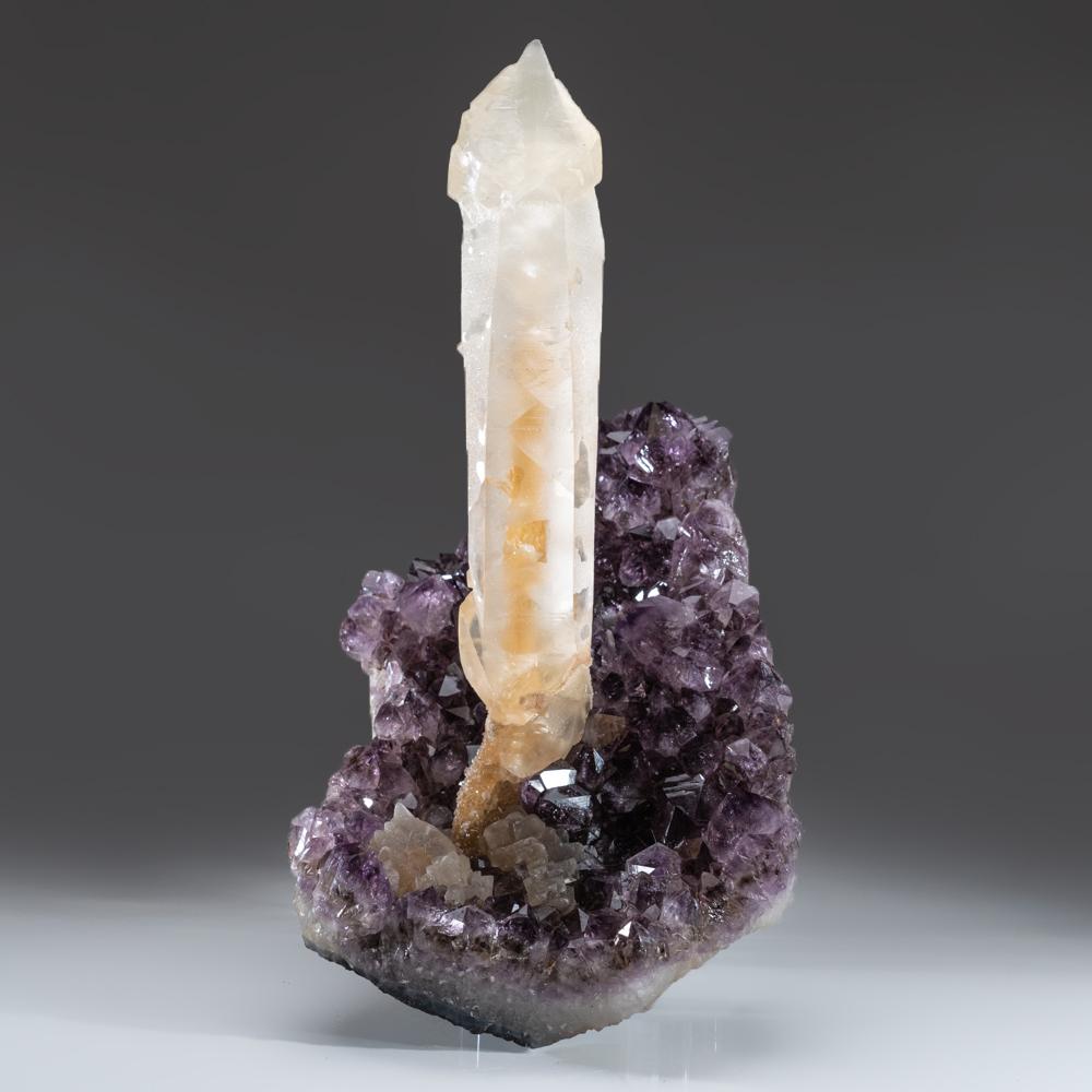 Natural Calcite on Amethyst cluster from San Eugenio, Artigas Dept., Uruguay.

Unusual 7'' elongated rhombic calcite crystal with modified terminations on gem amethyst crystal matrix. The calcite crystal shows fully terminated faces composed of