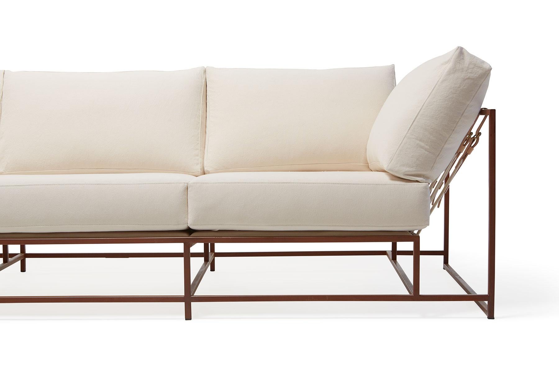 Modern Natural Canvas and Marbled Rust Sofa with Tonal Belting For Sale