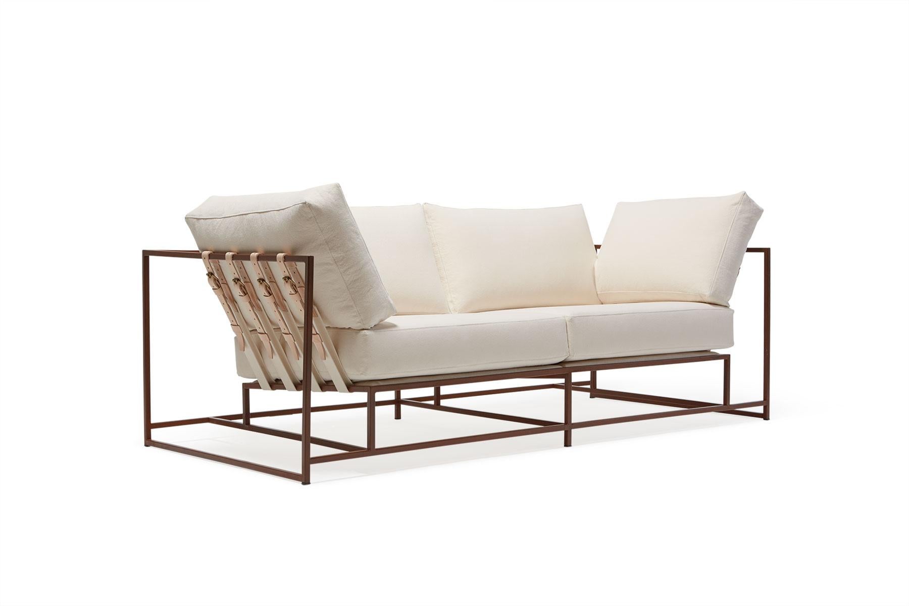 Modern Natural Canvas and Marbled Rust Two-Seat Sofa For Sale