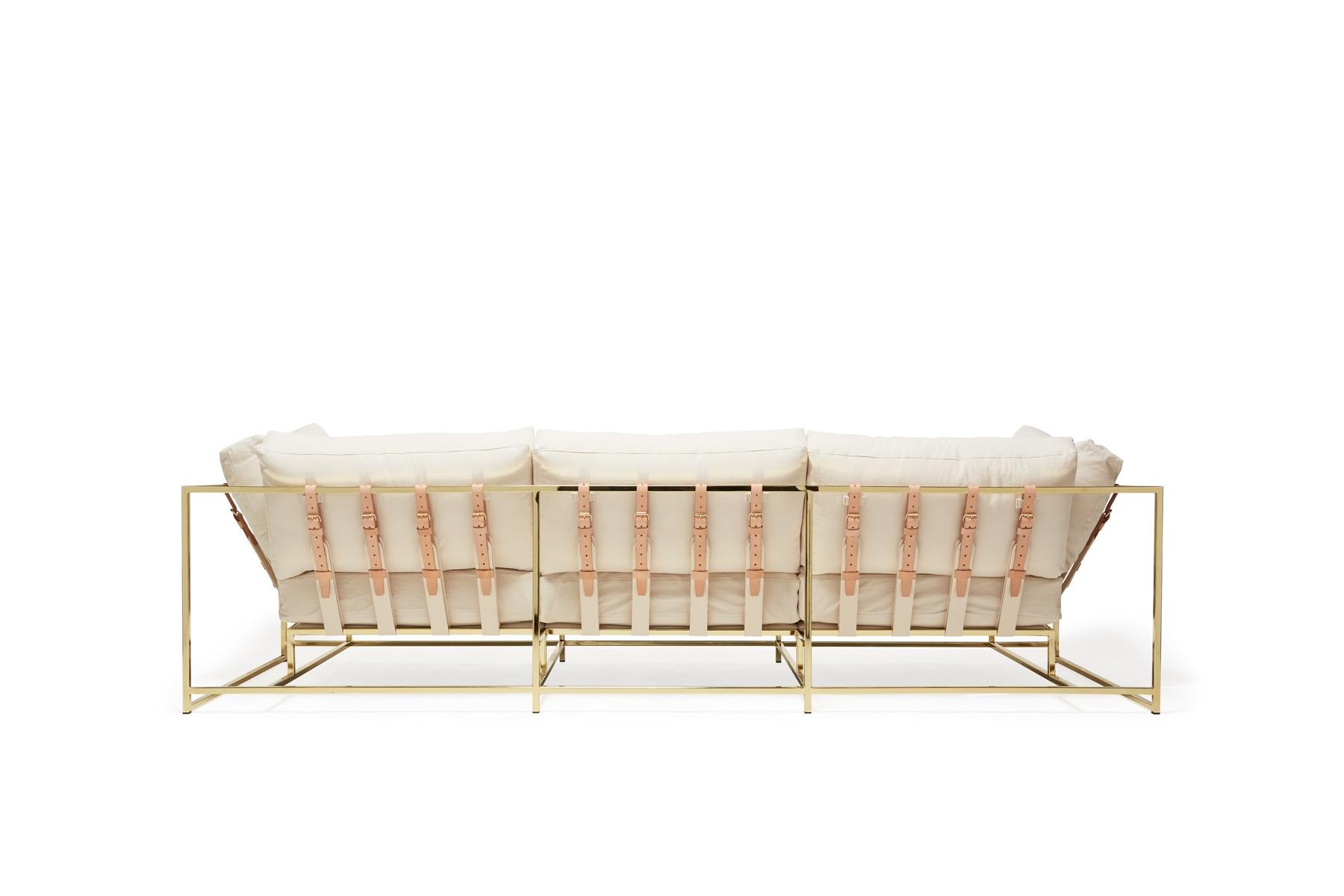 Modern Natural Canvas and Polished Brass Sofa with Tonal Belting For Sale