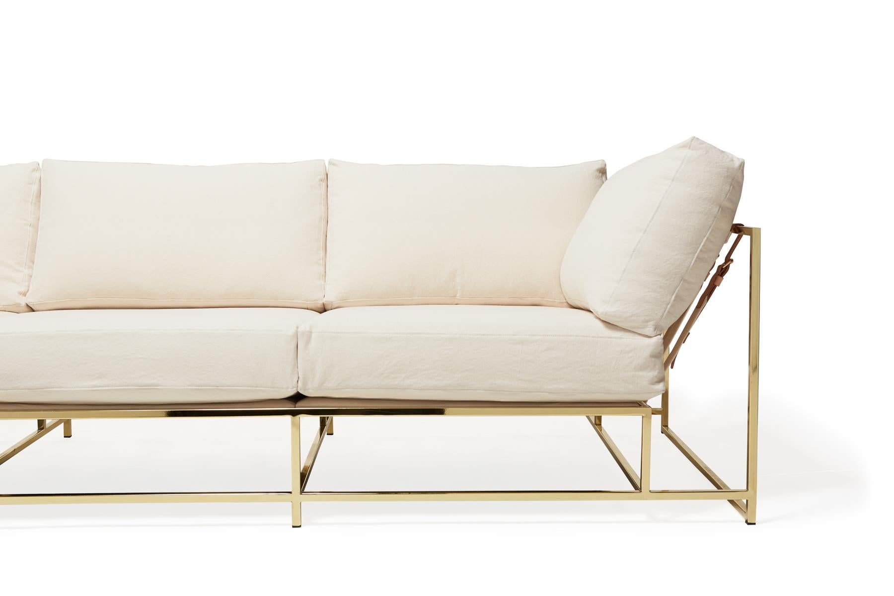 Natural Canvas and Polished Brass Sofa with Tonal Belting In New Condition For Sale In Los Angeles, CA