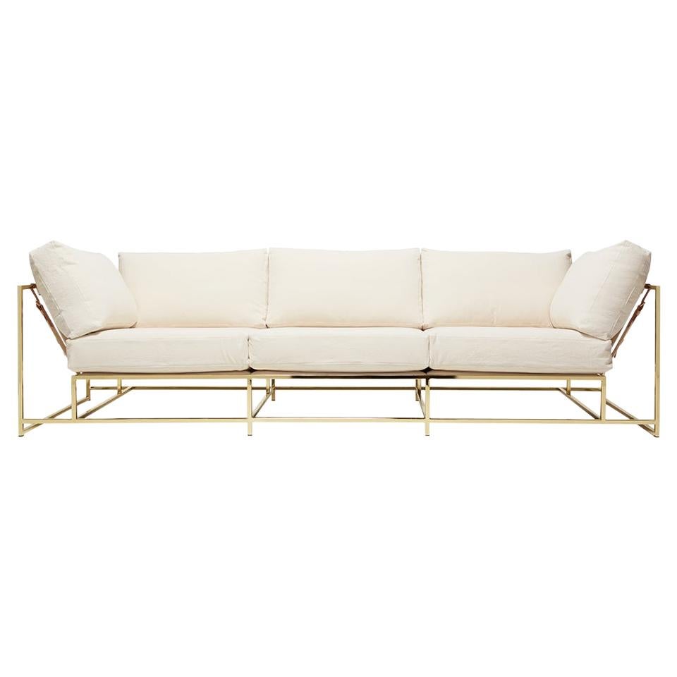 Natural Canvas and Polished Brass Sofa with Tonal Belting For Sale
