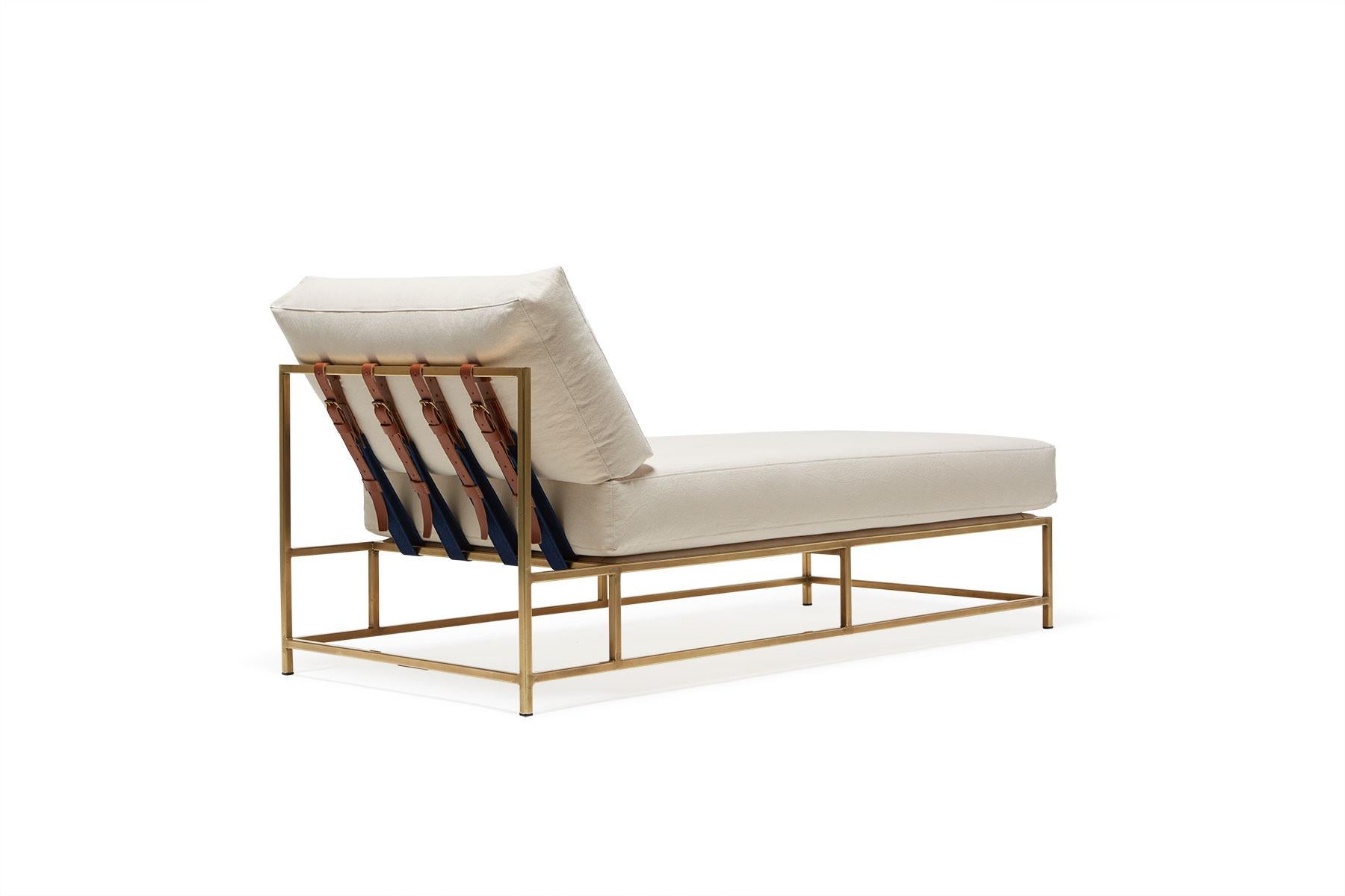 Modern Natural Canvas & Tarnished Brass Chaise Lounge For Sale