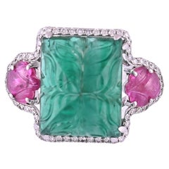 Natural, Carved 13.82 Carats Zambian Emerald, Ruby & Diamonds Cocktail Ring