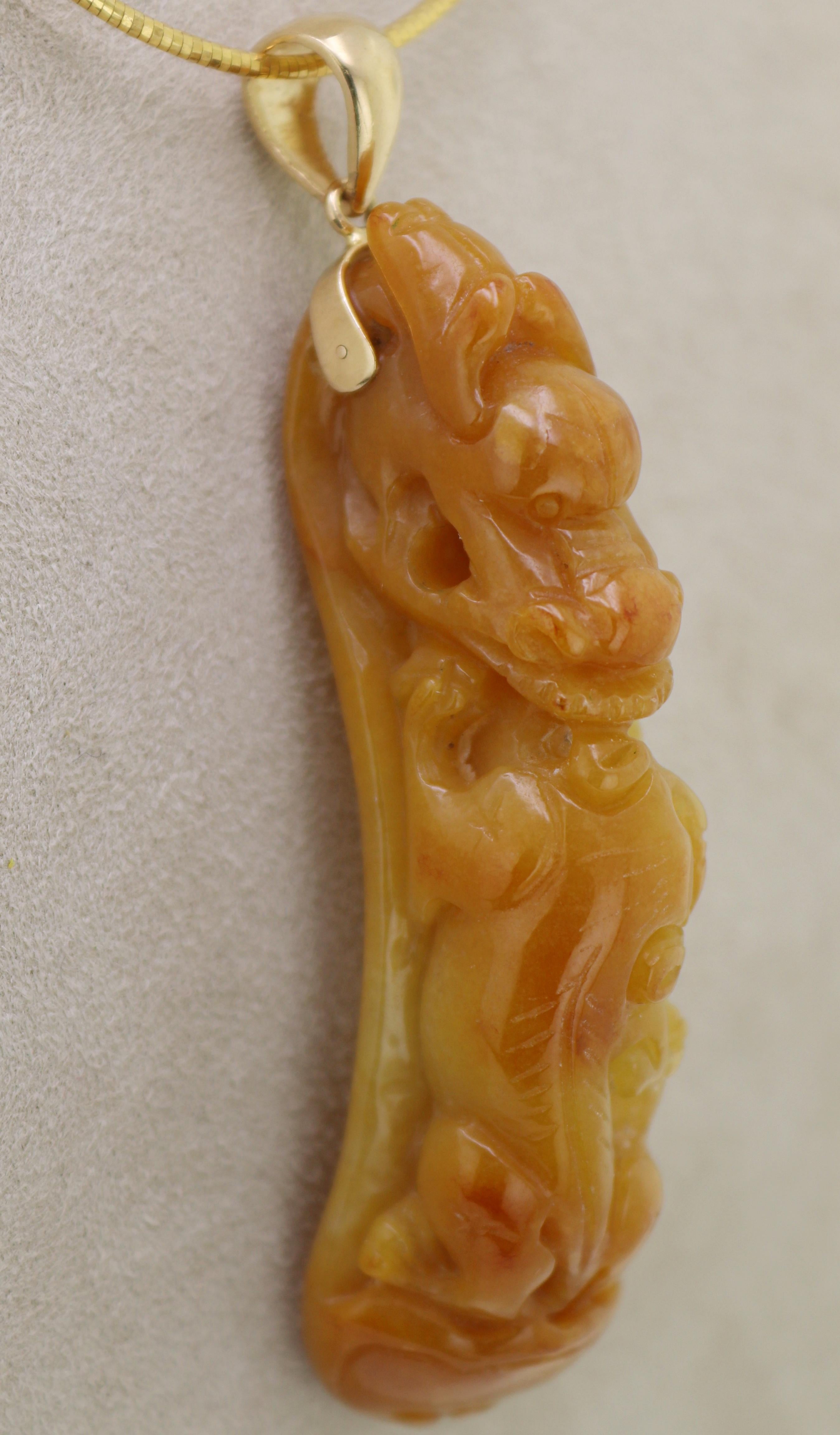 Artisan Natural Carved “A” Jadeite Jade Mason Kay Report Certified, Yellow Gold Pendant For Sale