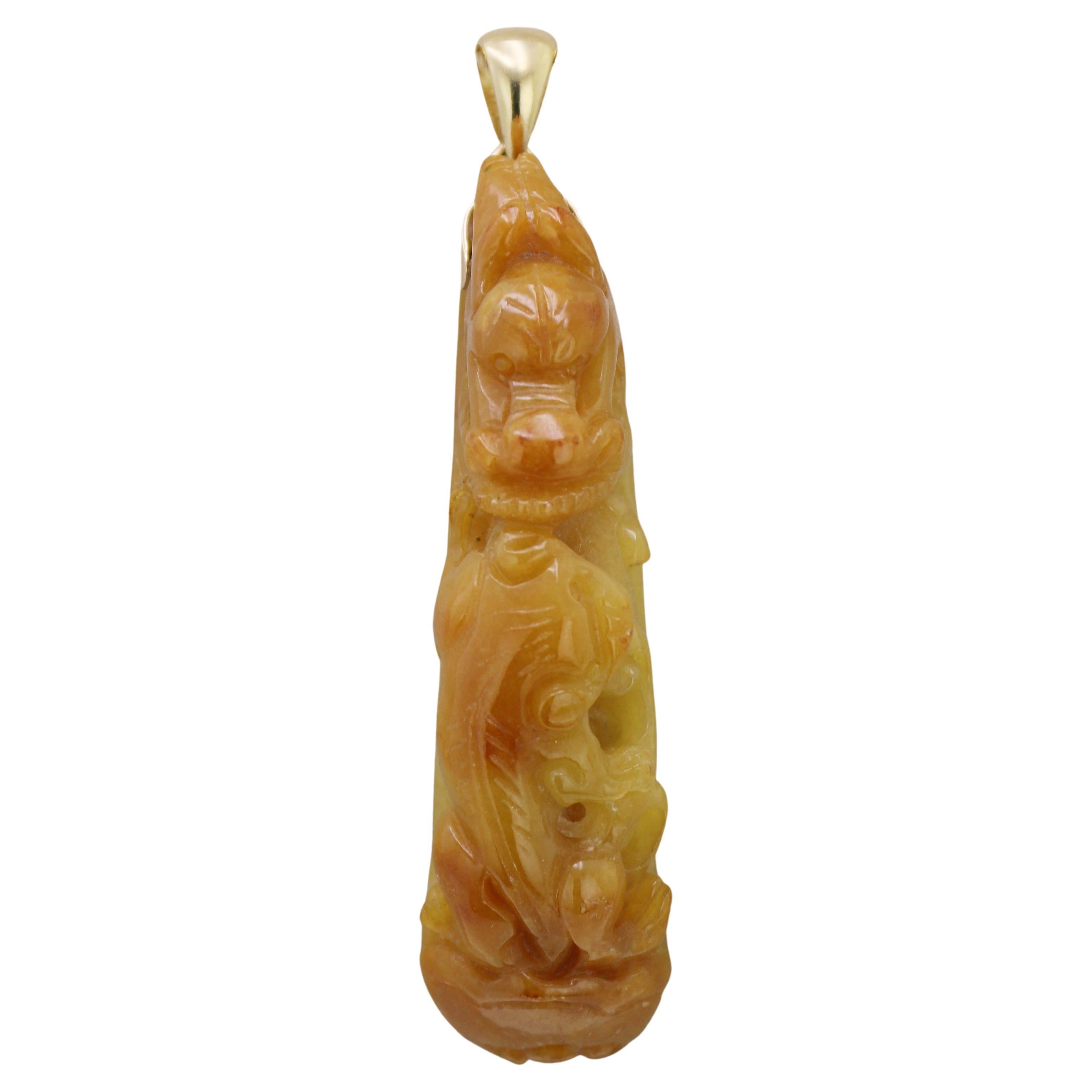 Natural Carved “A��” Jadeite Jade Mason Kay Report Certified, Yellow Gold Pendant For Sale
