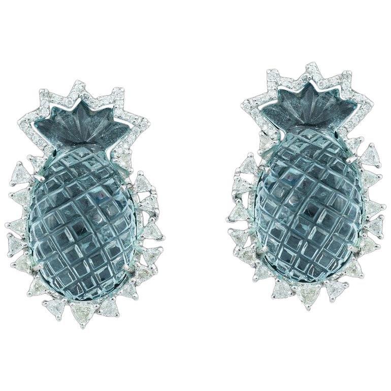 Natural Carved Aquamarine and Diamond Earrings Studs Set in 18 Karat White Gold