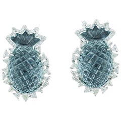 Natural Carved Aquamarine and Diamond Earrings Studs Set in 18 Karat White Gold